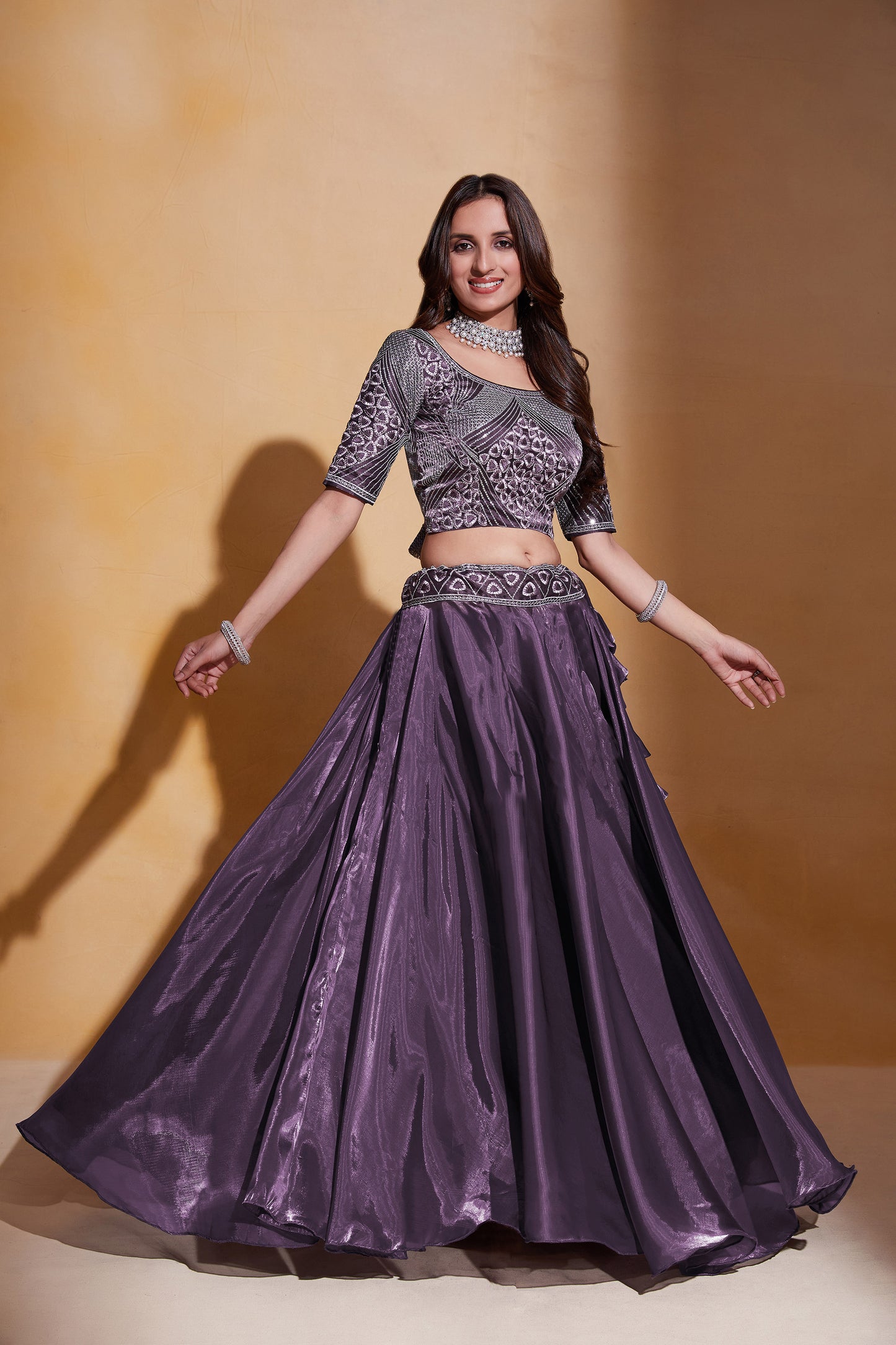 Purple Organza Silk Sequins Embroidery Lehenga