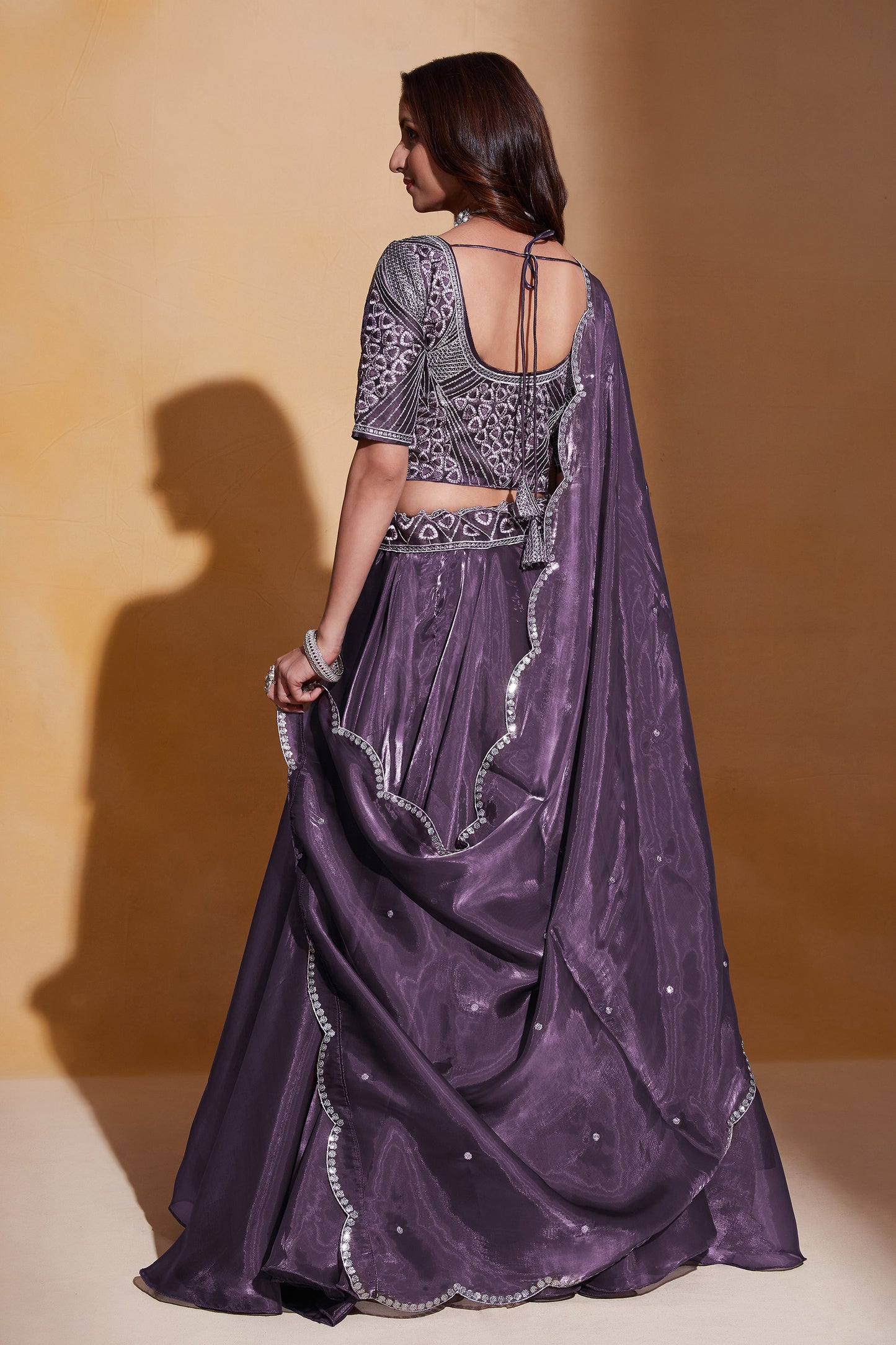 Purple Organza Silk Sequins Embroidery Lehenga