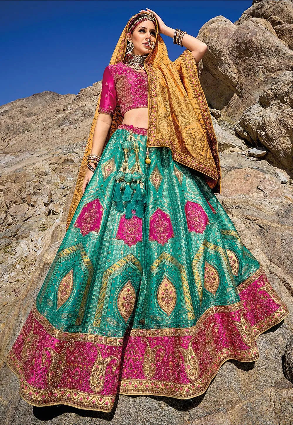 Pink & Green Zari, Resham Art Silk A line Bridal Lehenga Ladakh Series