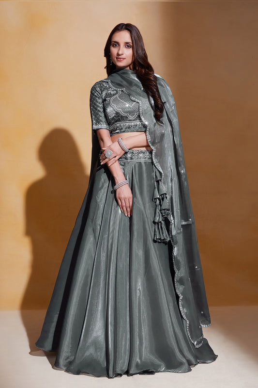 Grey Organza Silk Sequins Embroidery Lehenga