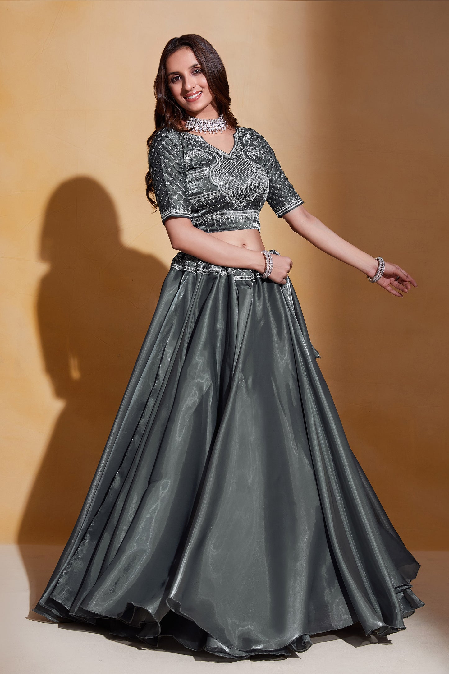 Grey Organza Silk Sequins Embroidery Lehenga