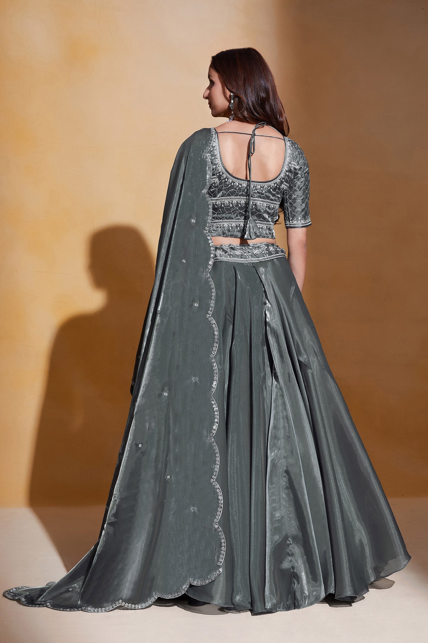 Grey Organza Silk Sequins Embroidery Lehenga