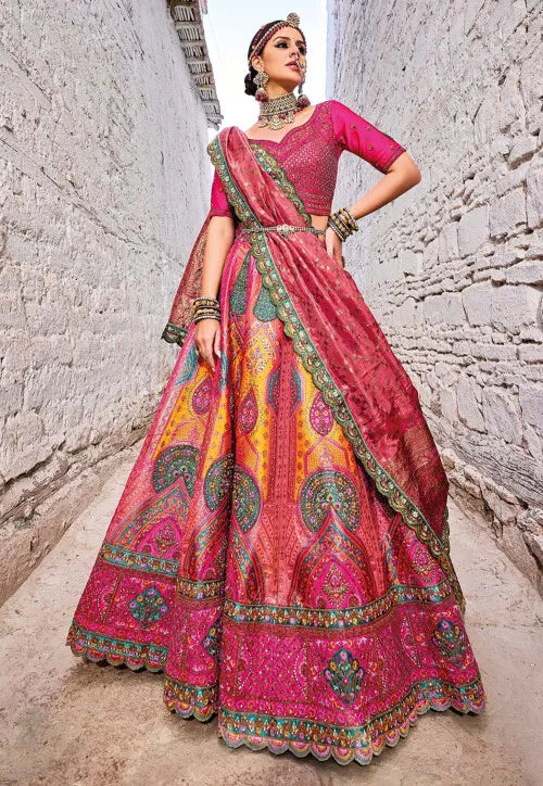 Pink & Yellow Zari, Resham Art Silk A line Bridal Lehenga Ladakh Series