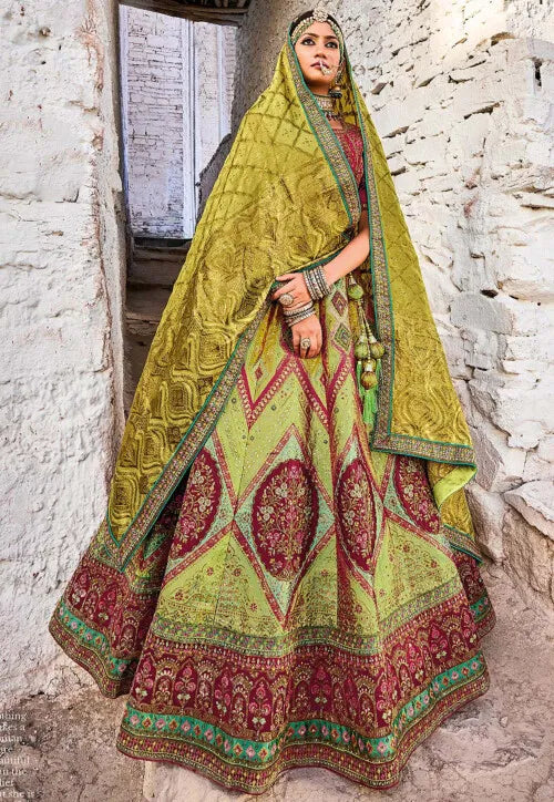 Maroon & Green Zari, Resham Art Silk A line Bridal Lehenga Ladakh Series