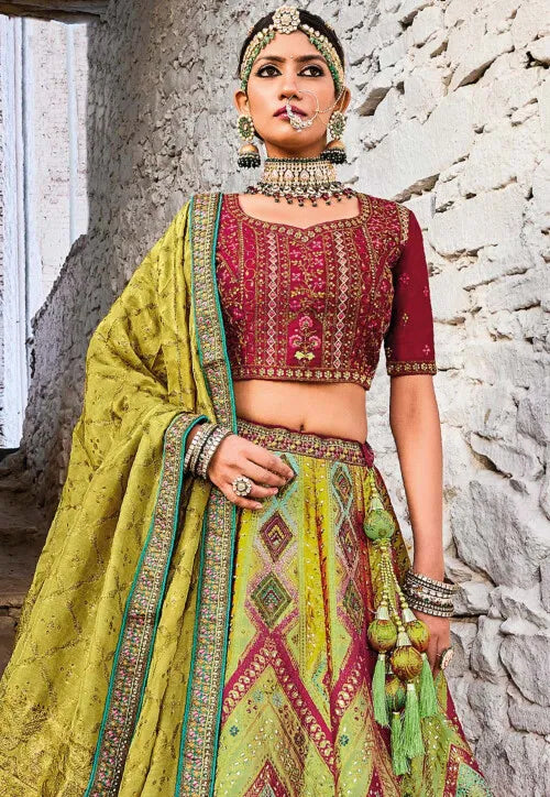 Maroon & Green Zari, Resham Art Silk A line Bridal Lehenga Ladakh Series