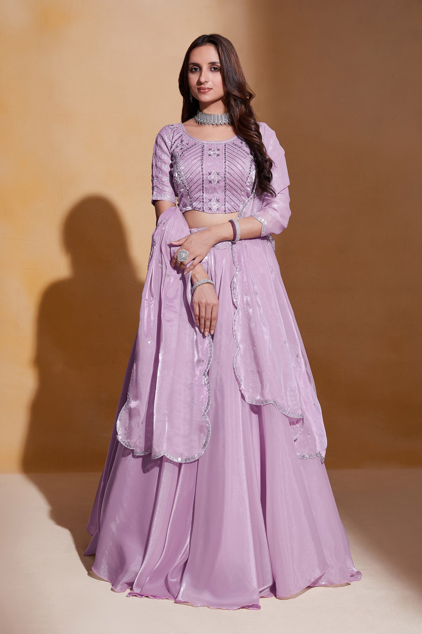 Light Purple Organza Silk Sequins Embroidery Lehenga