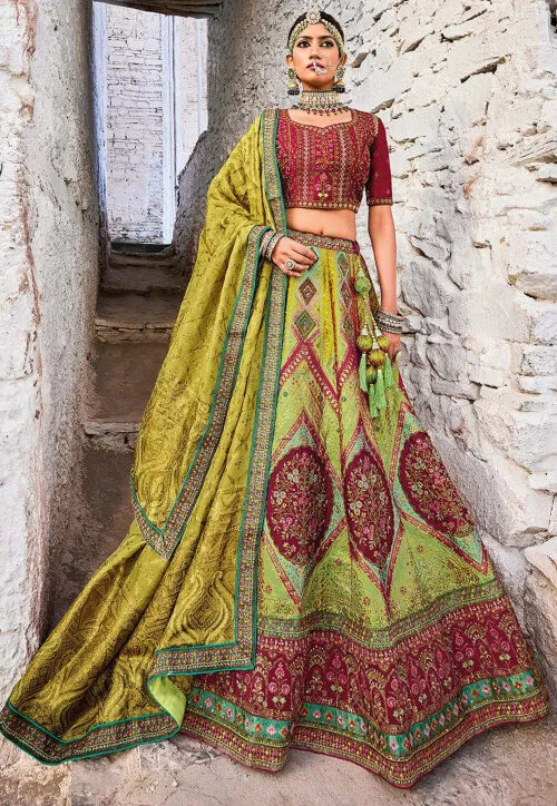 Maroon & Green Zari, Resham Art Silk A line Bridal Lehenga Ladakh Series