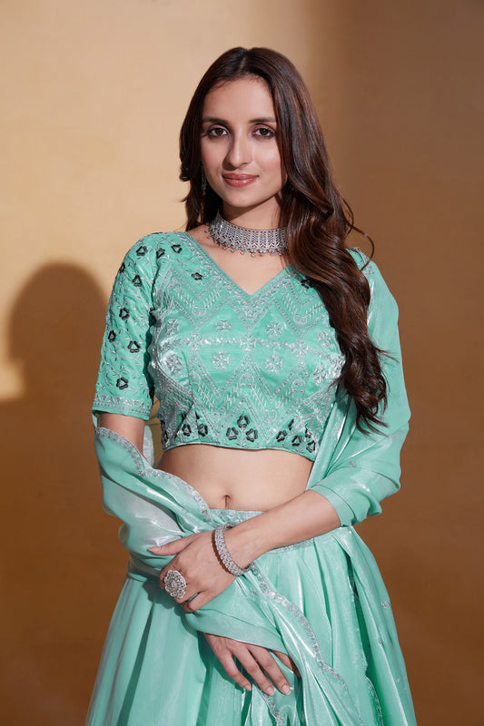 Sea Green Organza Silk Sequins Embroidery Lehenga