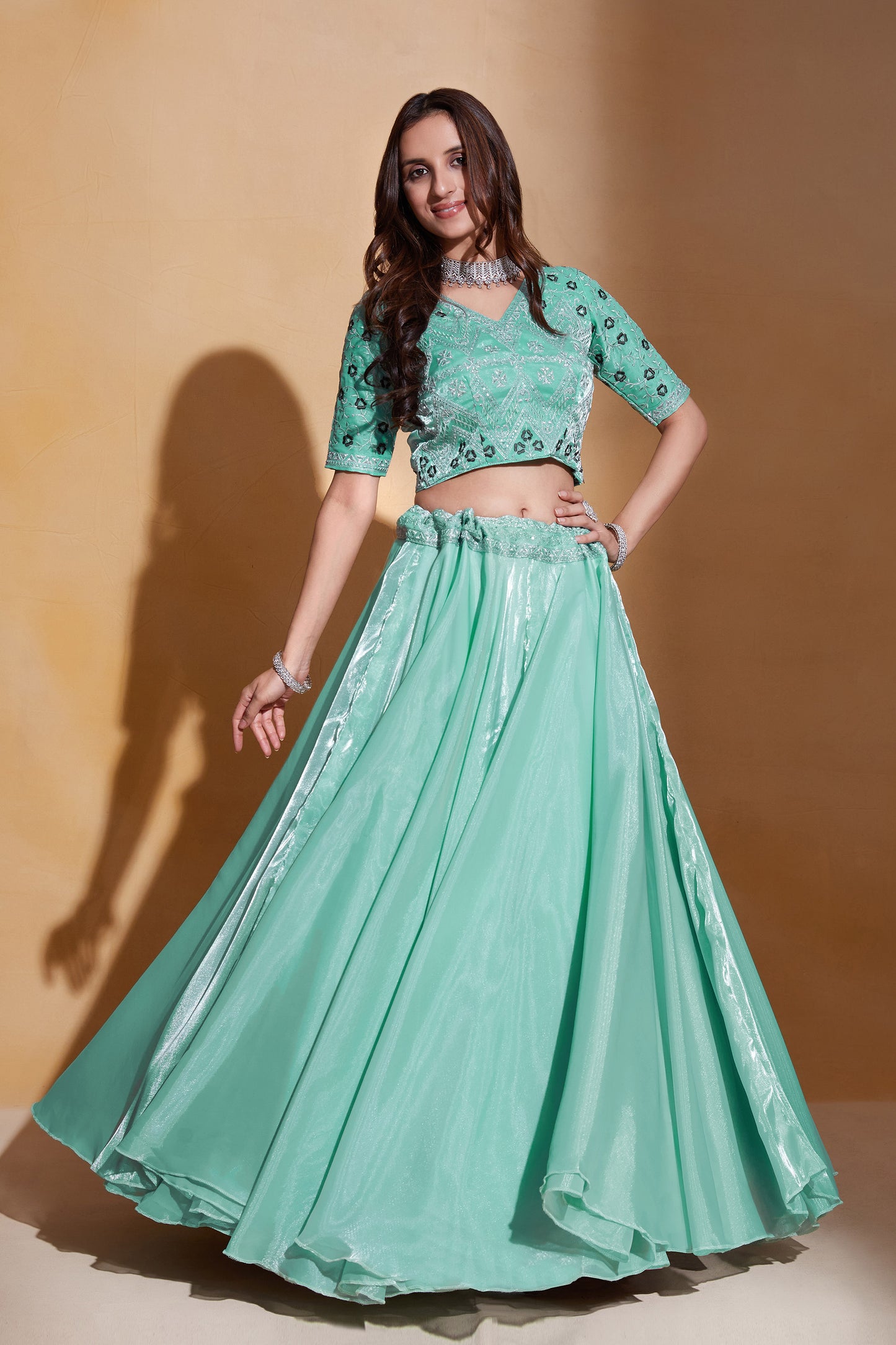 Sea Green Organza Silk Sequins Embroidery Lehenga