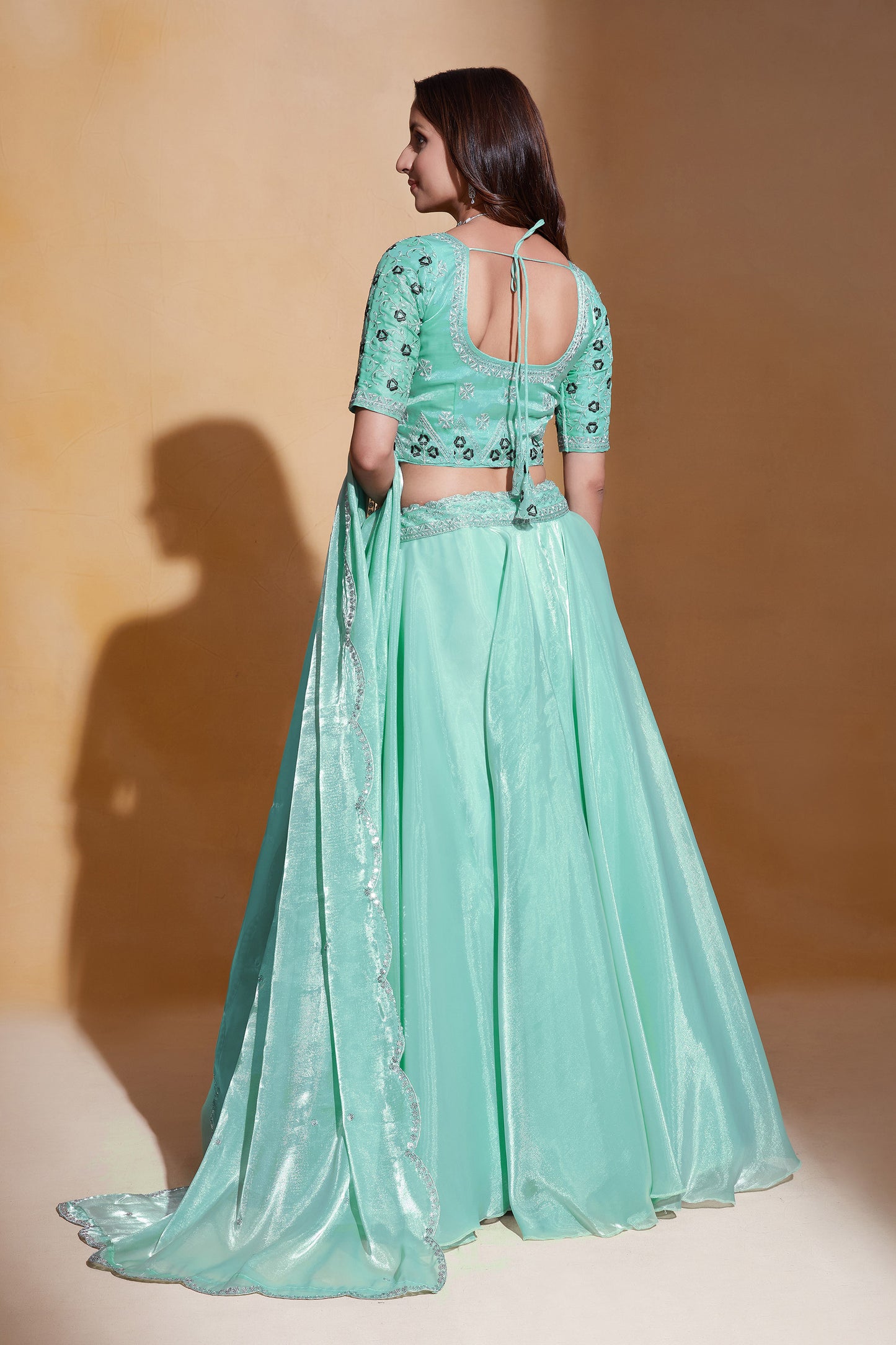 Sea Green Organza Silk Sequins Embroidery Lehenga