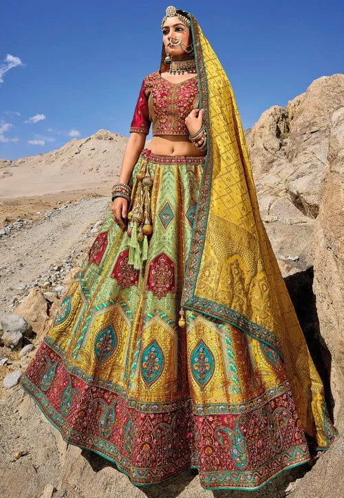 Green & Maroon Zari, Resham Art Silk A line Bridal Lehenga Ladakh Series