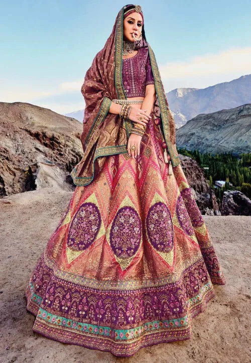 Dark Pink  Zari, Resham Art Silk A line Bridal Lehenga Ladakh Series