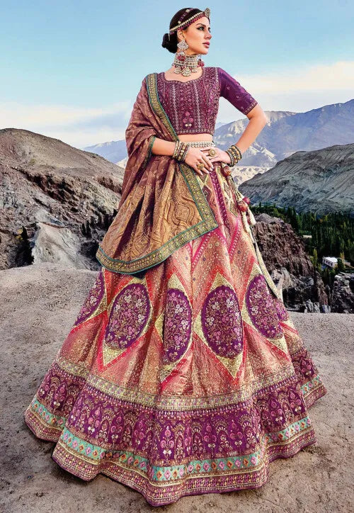 Dark Pink  Zari, Resham Art Silk A line Bridal Lehenga Ladakh Series