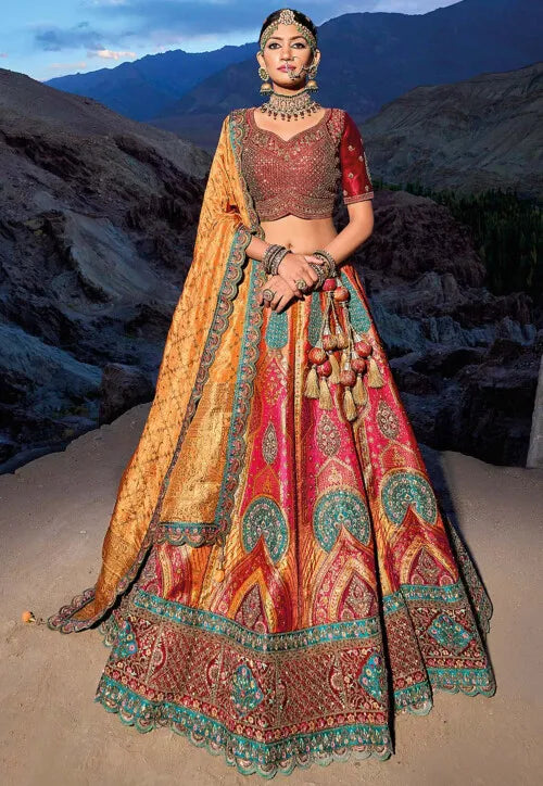 Pink & Yellow Zari, Resham Art Silk A line Bridal Lehenga Ladakh Series