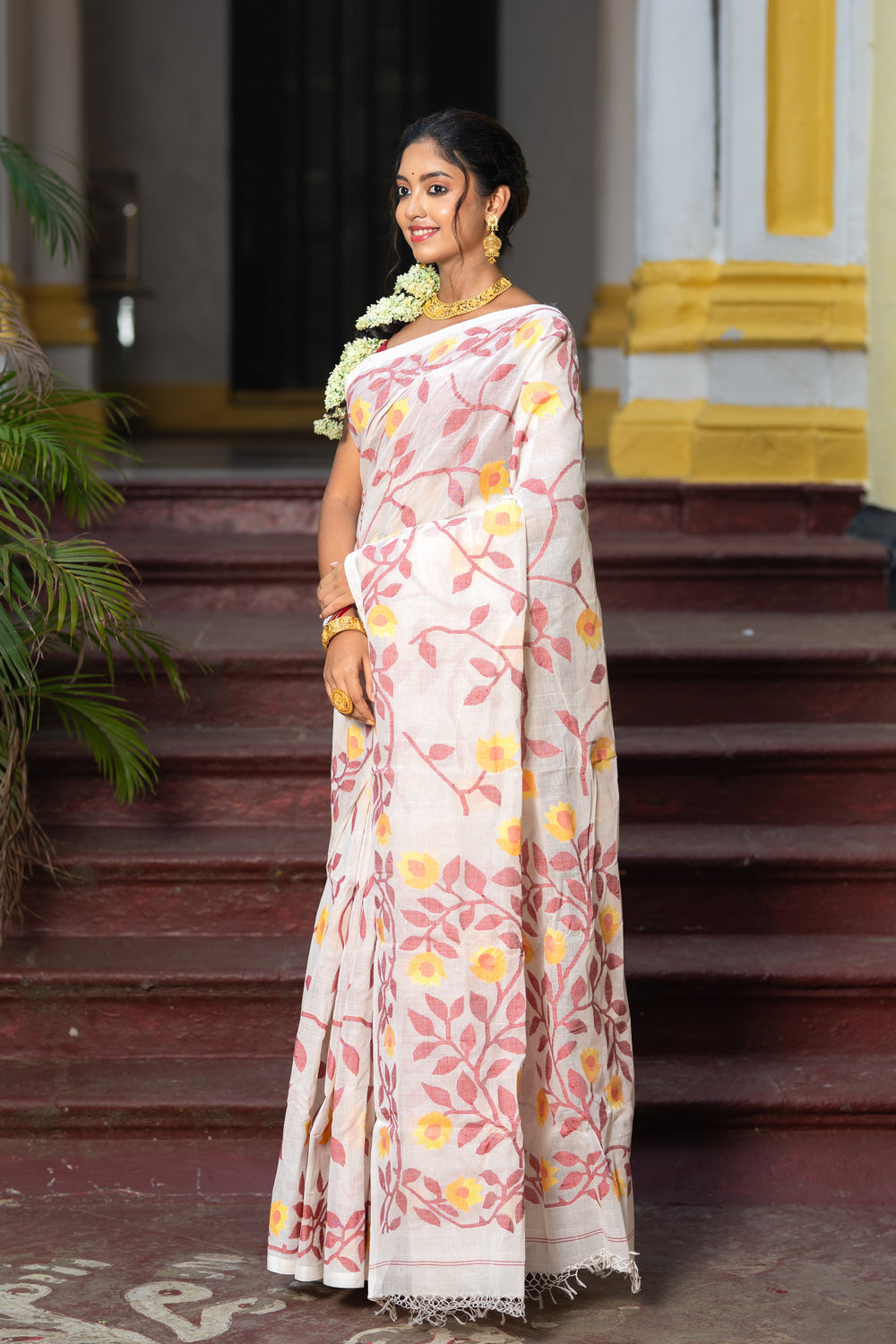 Handloom White & Red Pure Cotton Yellow Floral Motifs Jamdani Saree