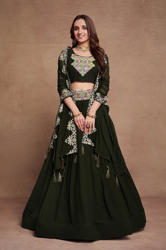 Dark Green Georgette Thread Embroidery Lehenga