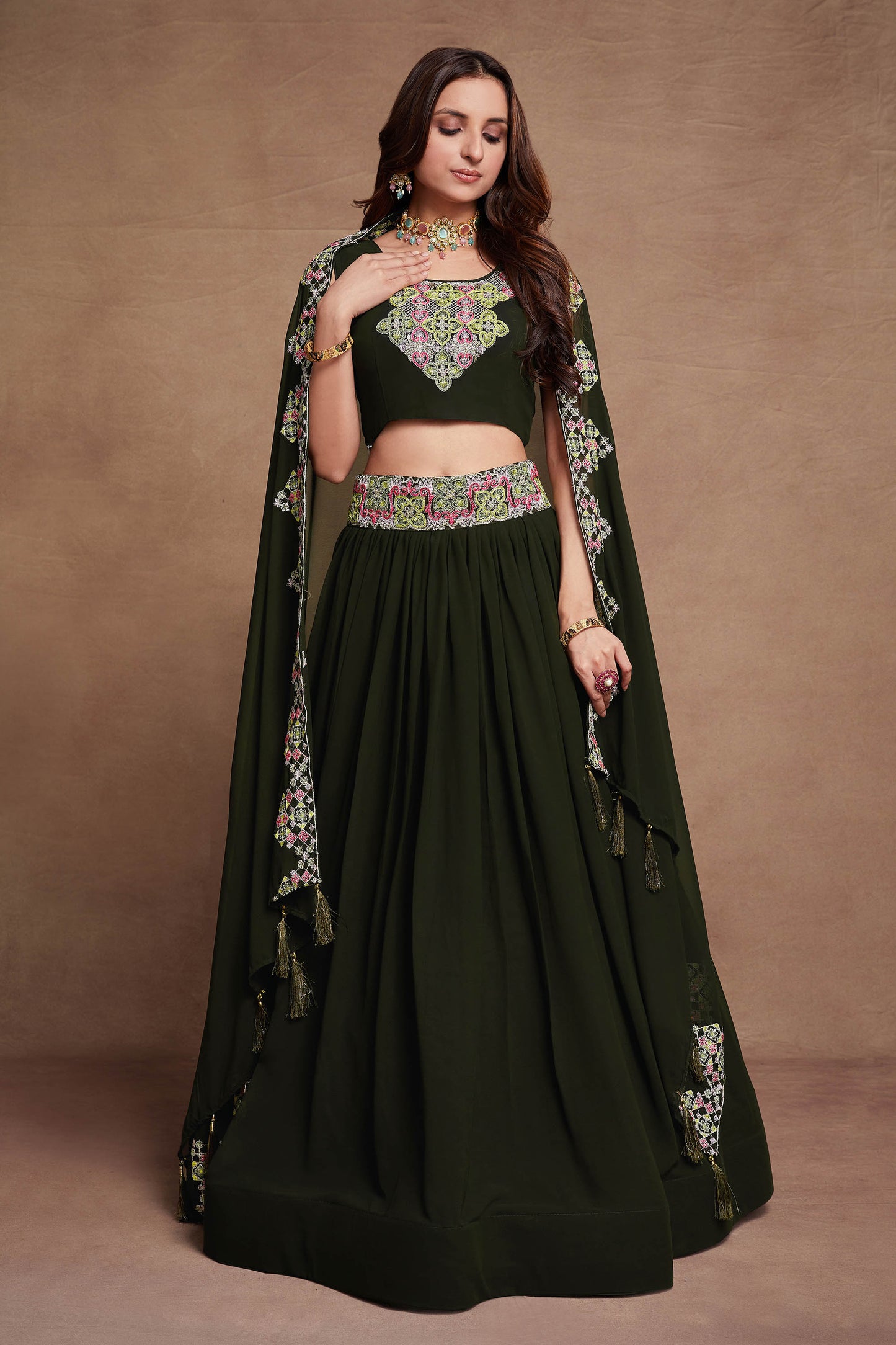 Dark Green Georgette Thread Embroidery Lehenga