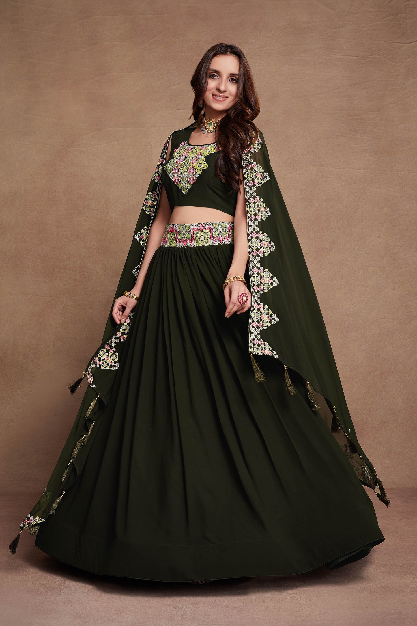 Dark Green Georgette Thread Embroidery Lehenga