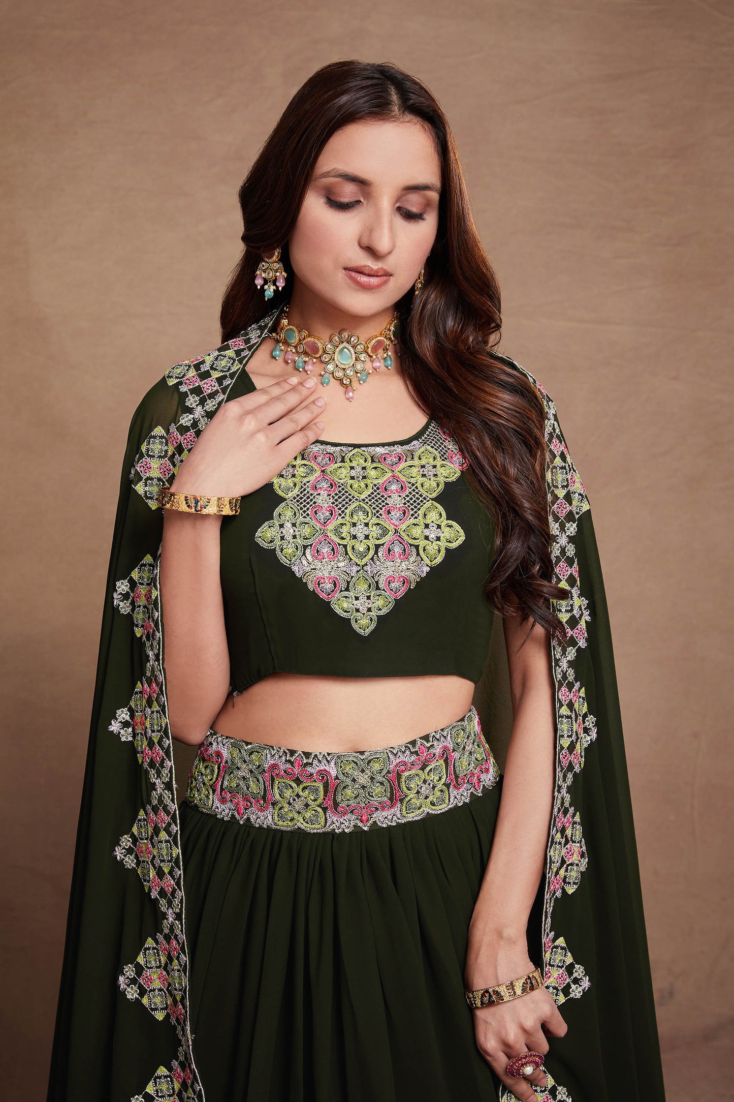 Dark Green Georgette Thread Embroidery Lehenga