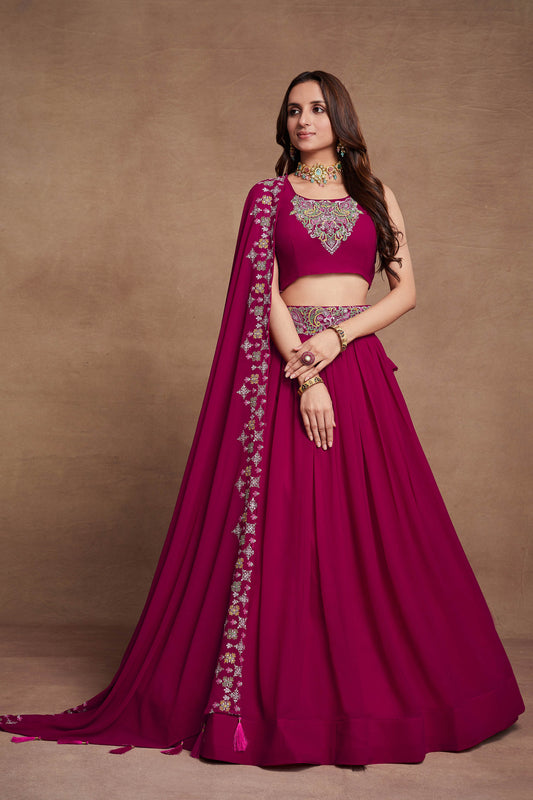 Pink Georgette Thread Embroidery Lehenga