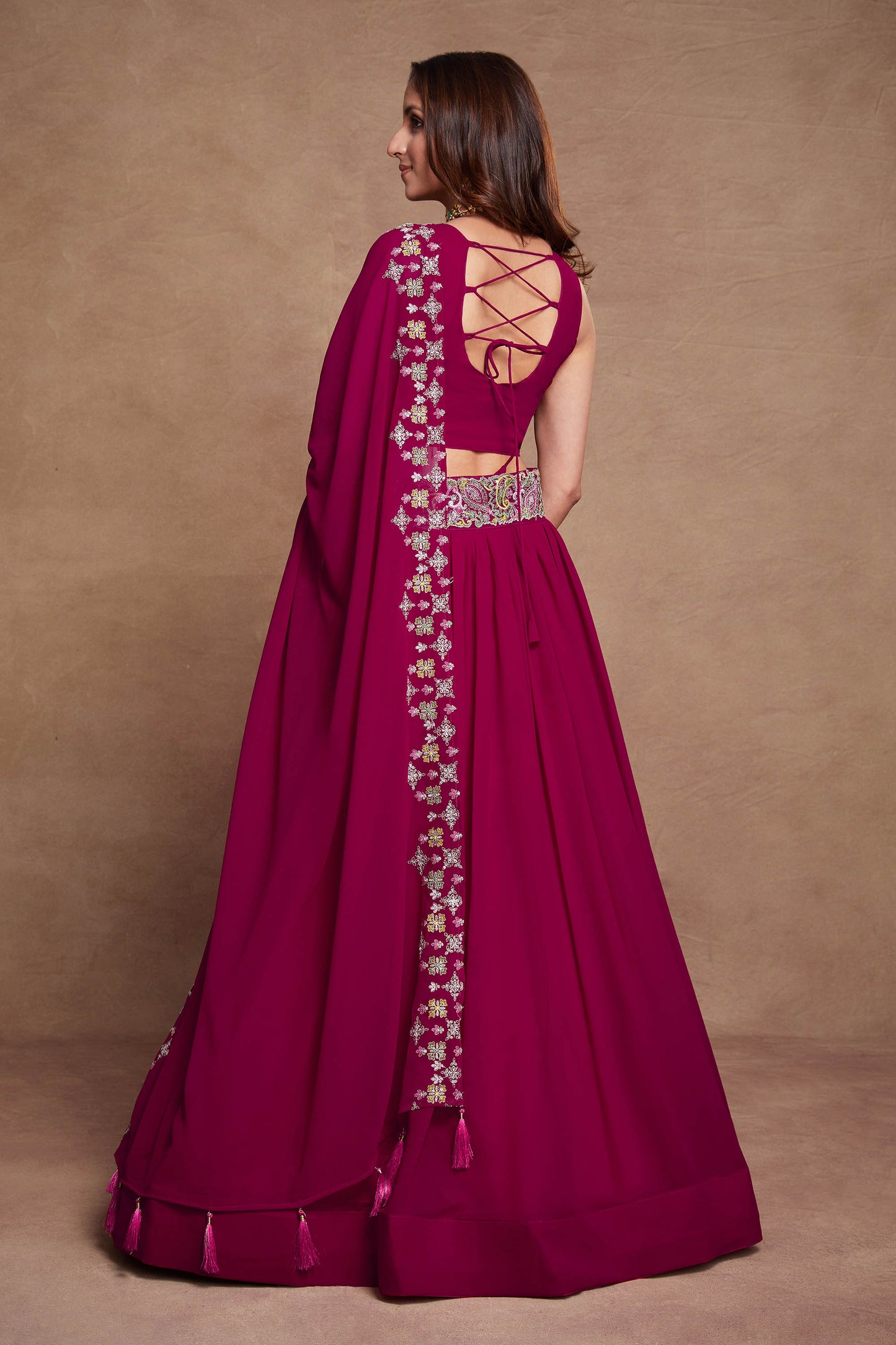 Pink Georgette Thread Embroidery Lehenga