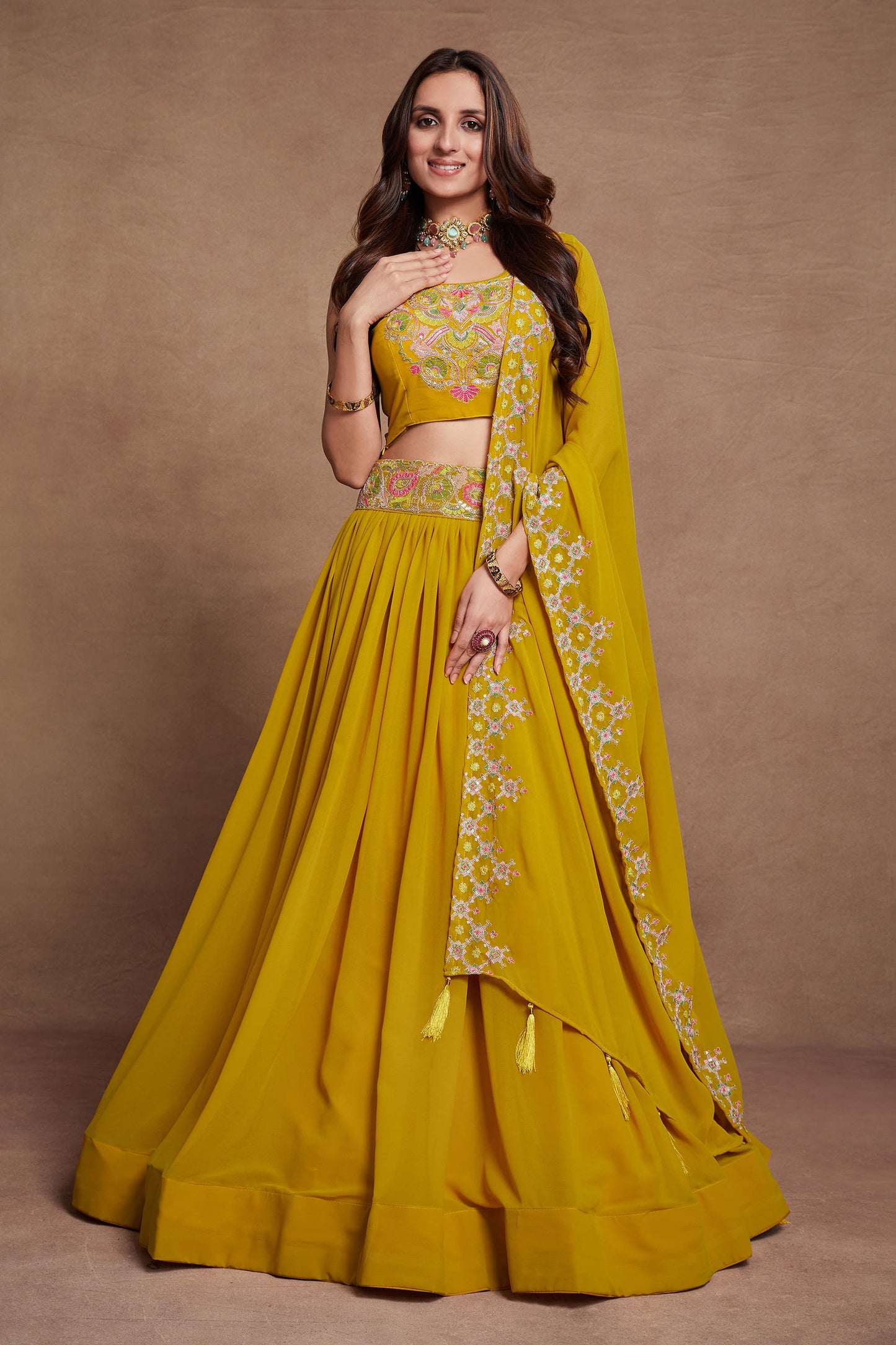 Mustard Yellow Georgette Thread Embroidery Lehenga