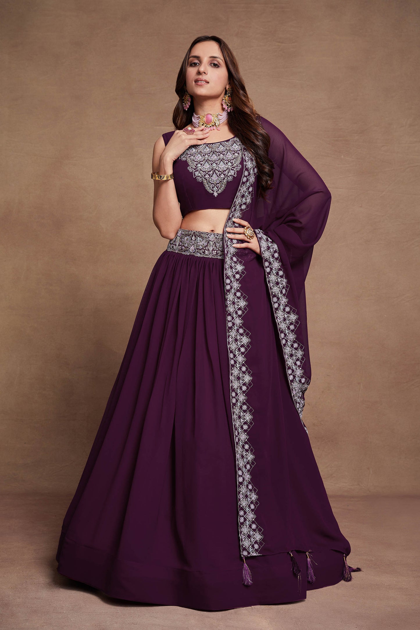 Purple Green Georgette Thread Embroidery Lehenga