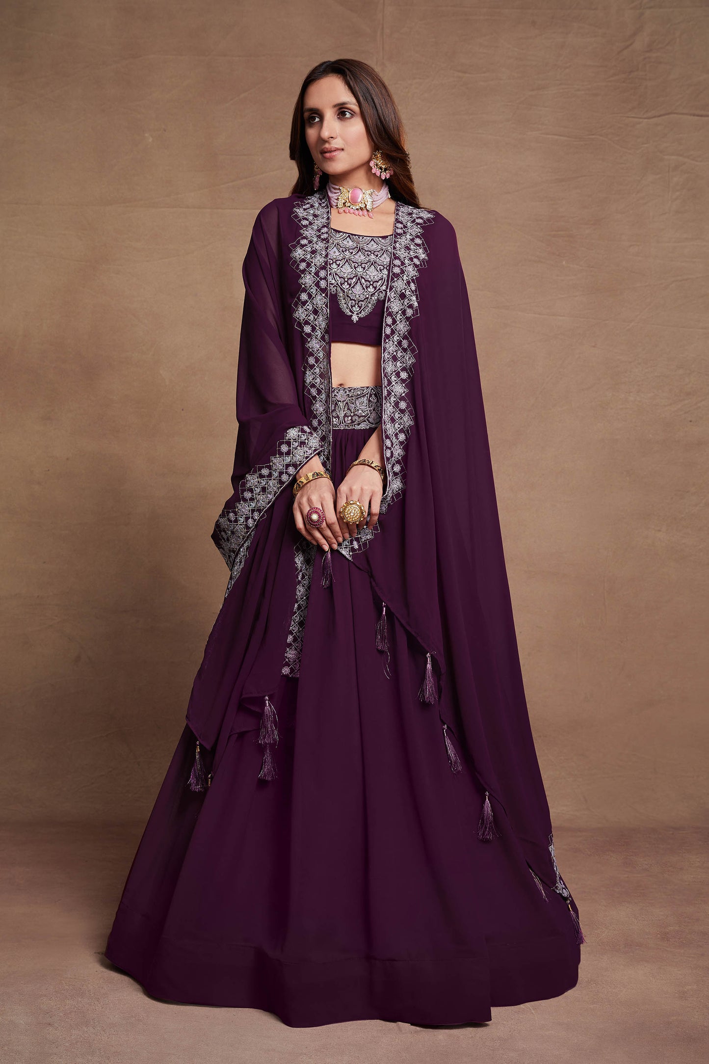 Purple Green Georgette Thread Embroidery Lehenga