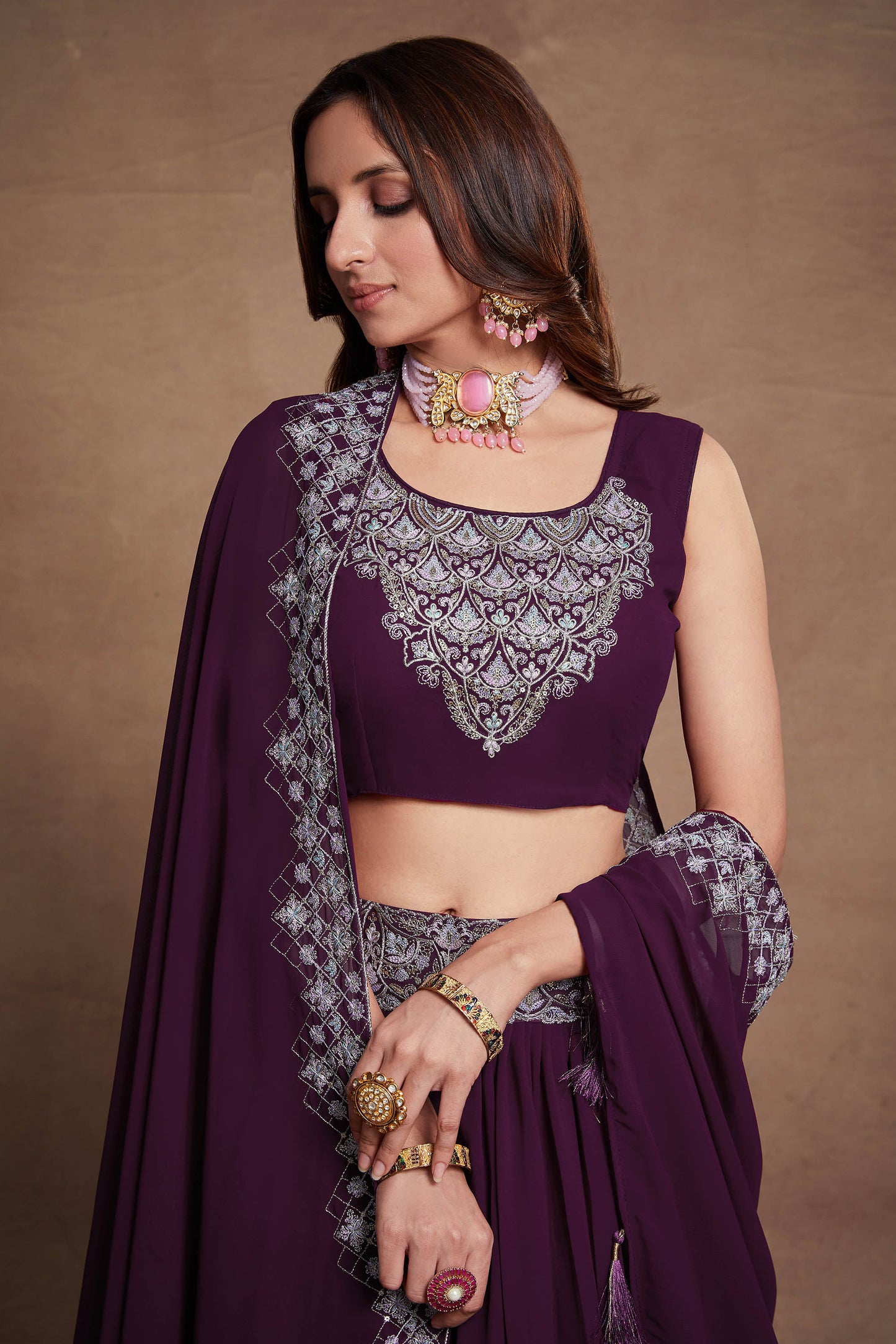 Purple Green Georgette Thread Embroidery Lehenga