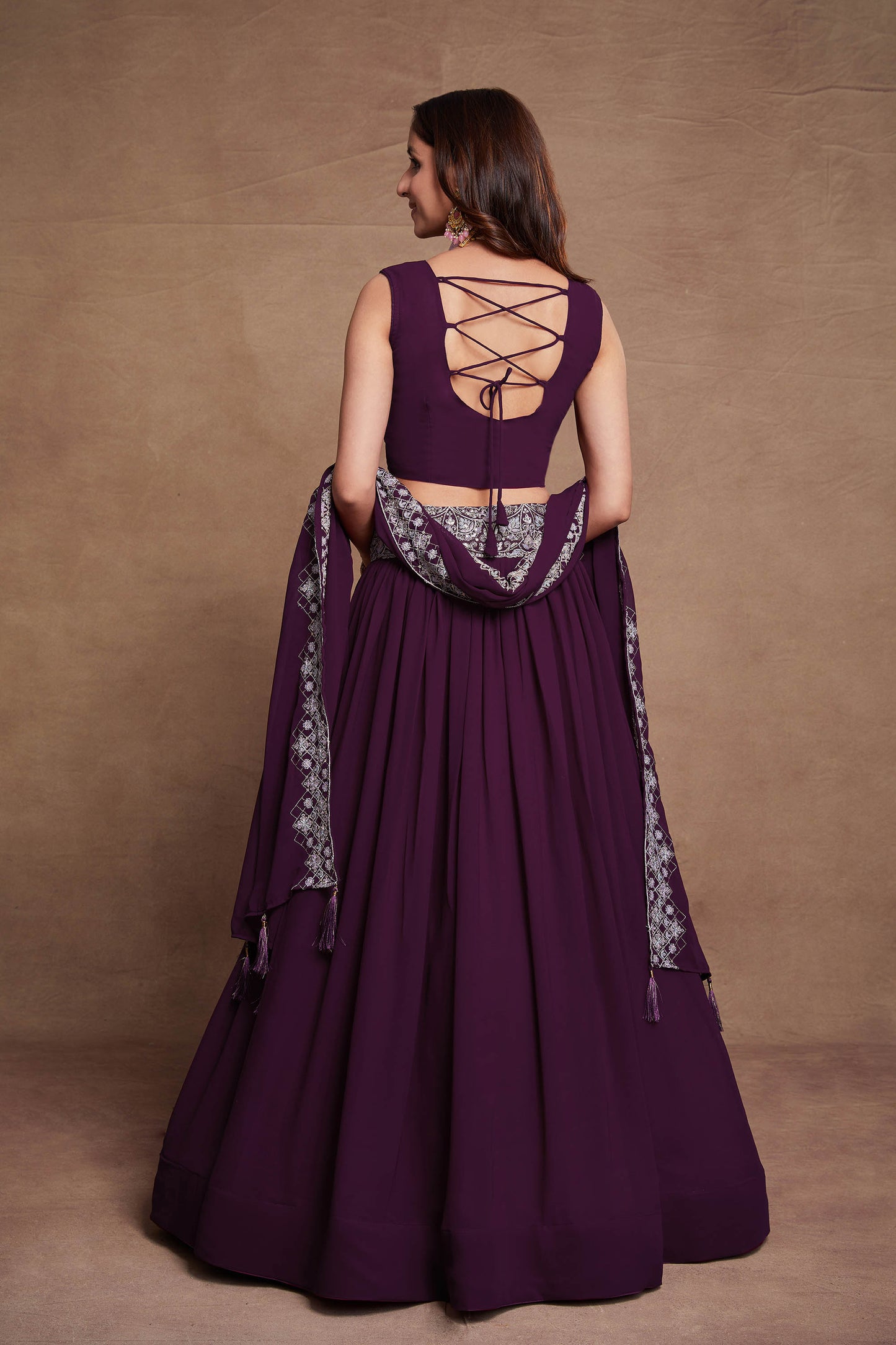 Purple Green Georgette Thread Embroidery Lehenga