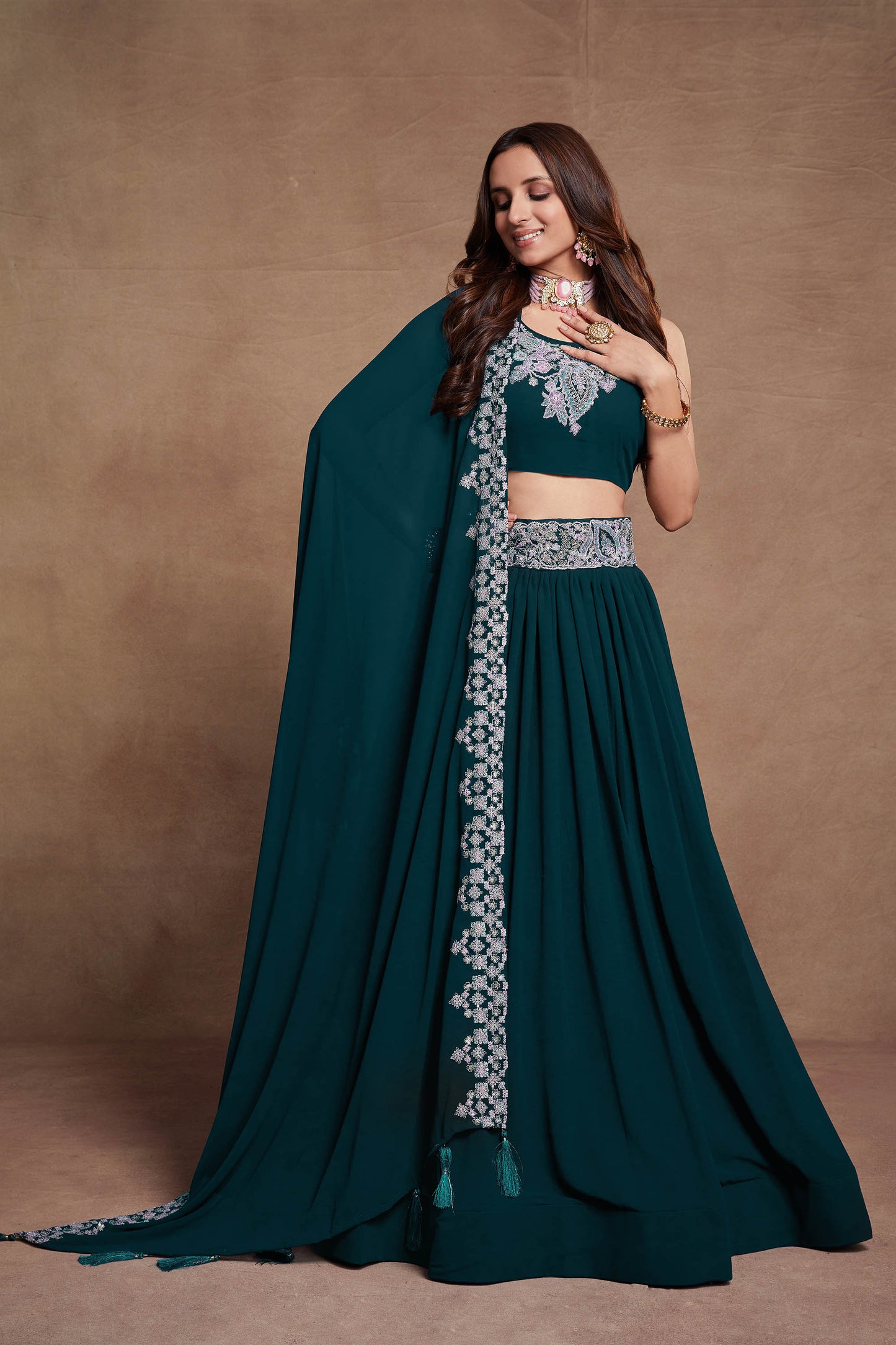 Teal Blue Georgette Thread Embroidery Lehenga