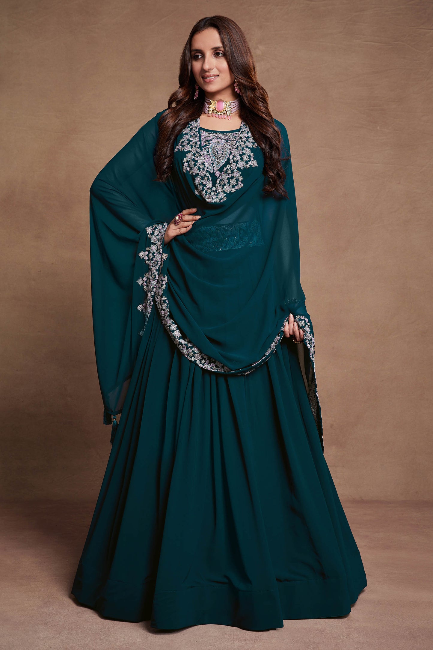 Teal Blue Georgette Thread Embroidery Lehenga