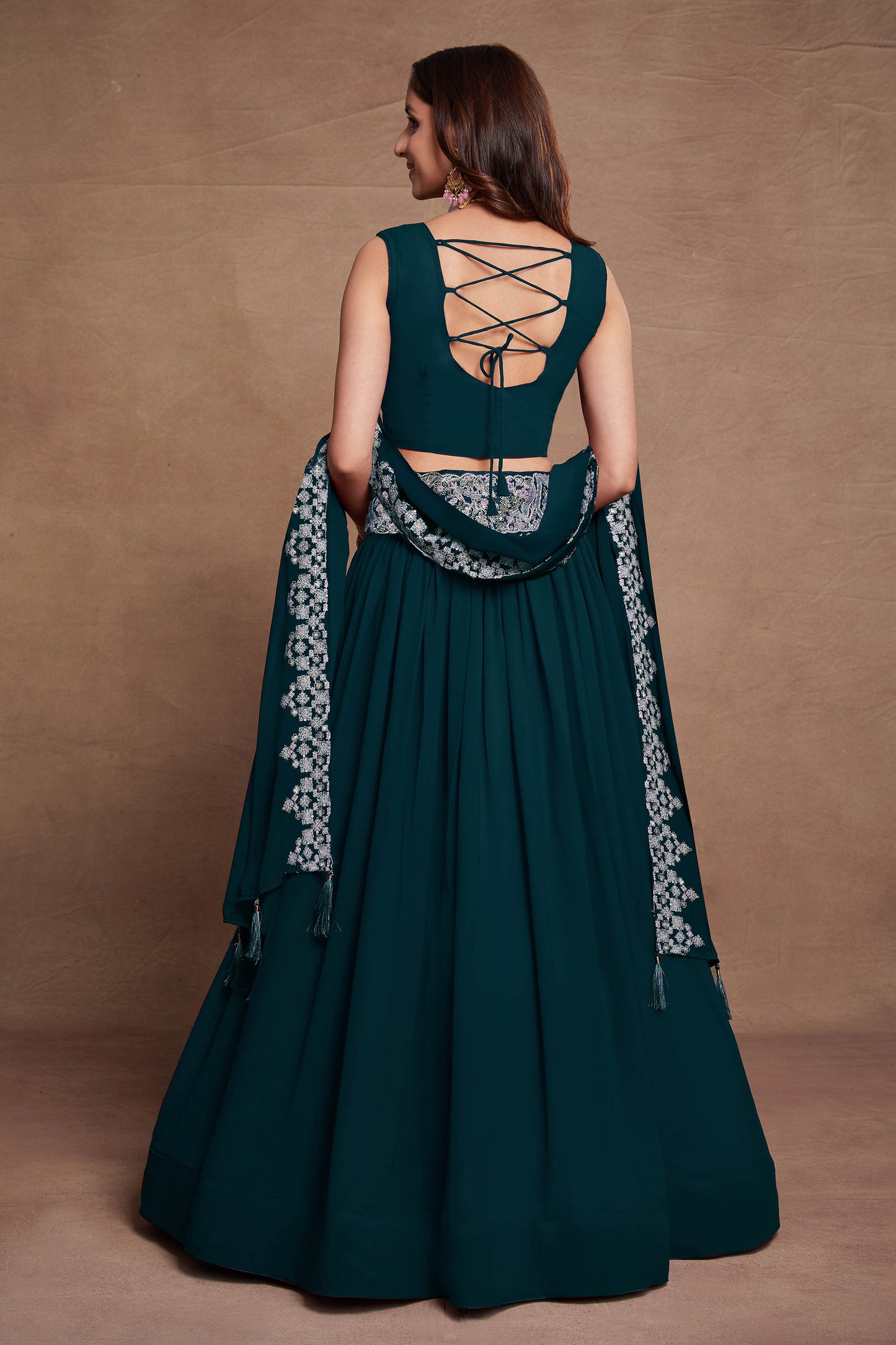 Teal Blue Georgette Thread Embroidery Lehenga