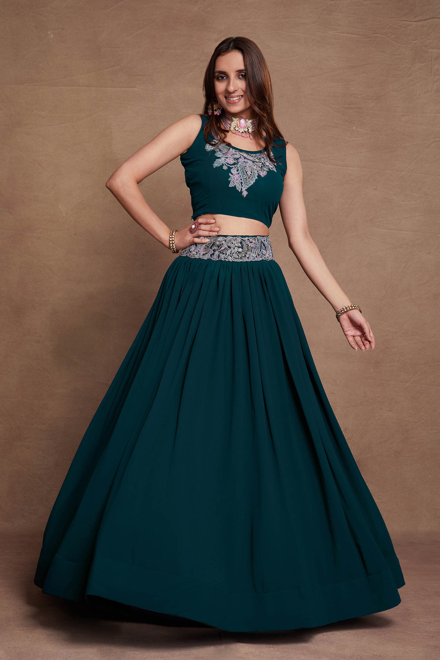 Teal Blue Georgette Thread Embroidery Lehenga