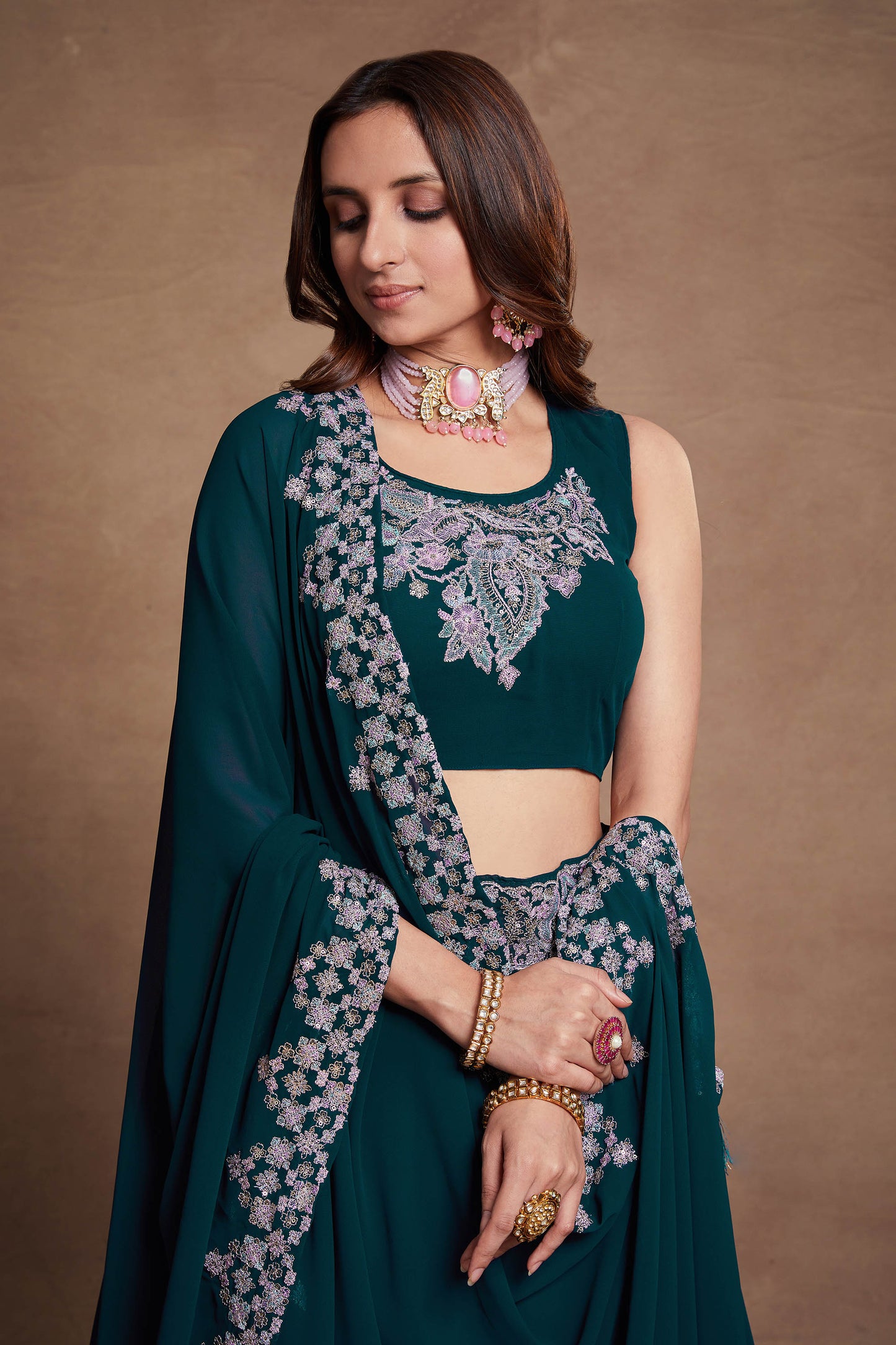 Teal Blue Georgette Thread Embroidery Lehenga