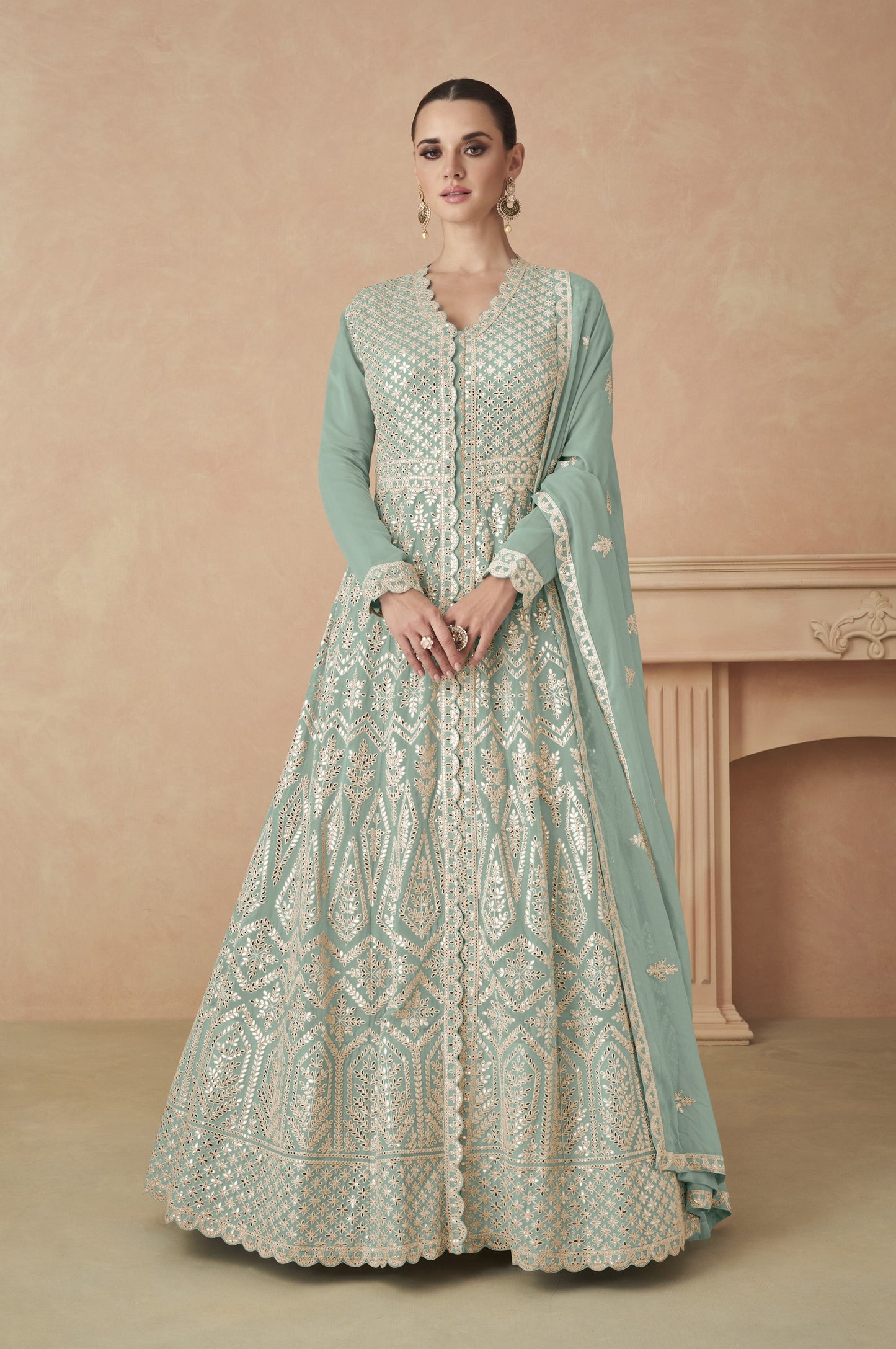 Sea Green Sequins Embroidered Georgette Anarkali