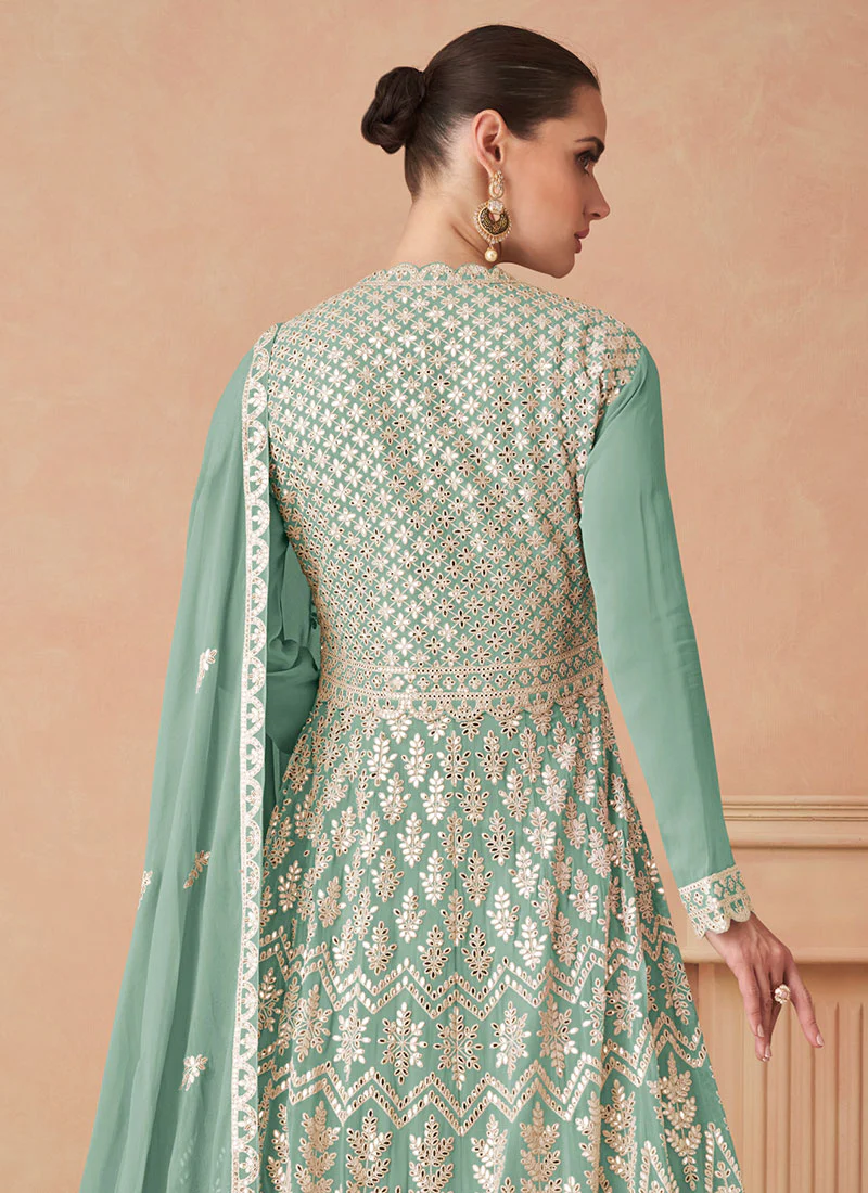 Sea Green Sequins Embroidered Georgette Anarkali