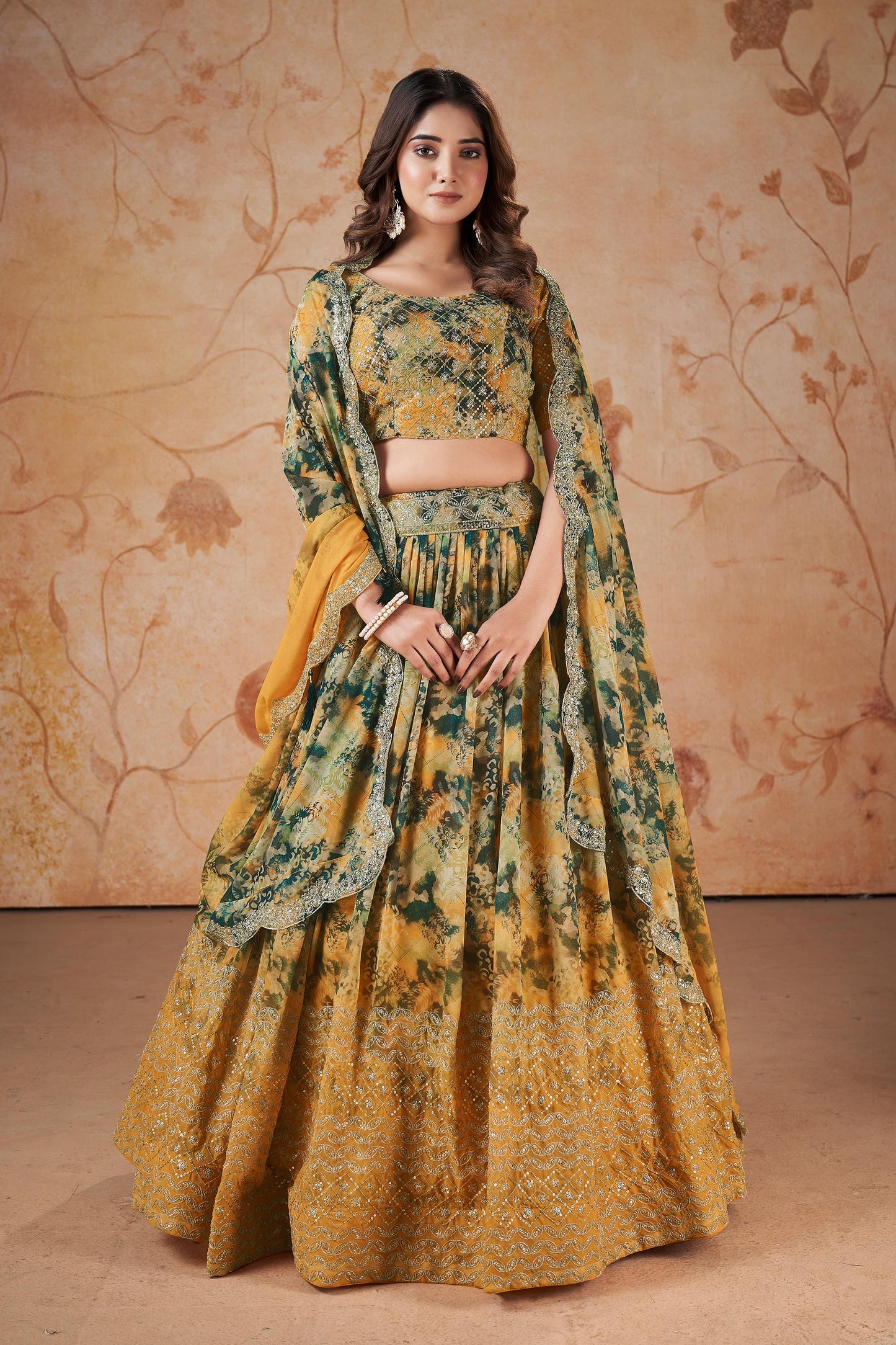 Yellow Faux Georgette Floral Digital Print Lehenga