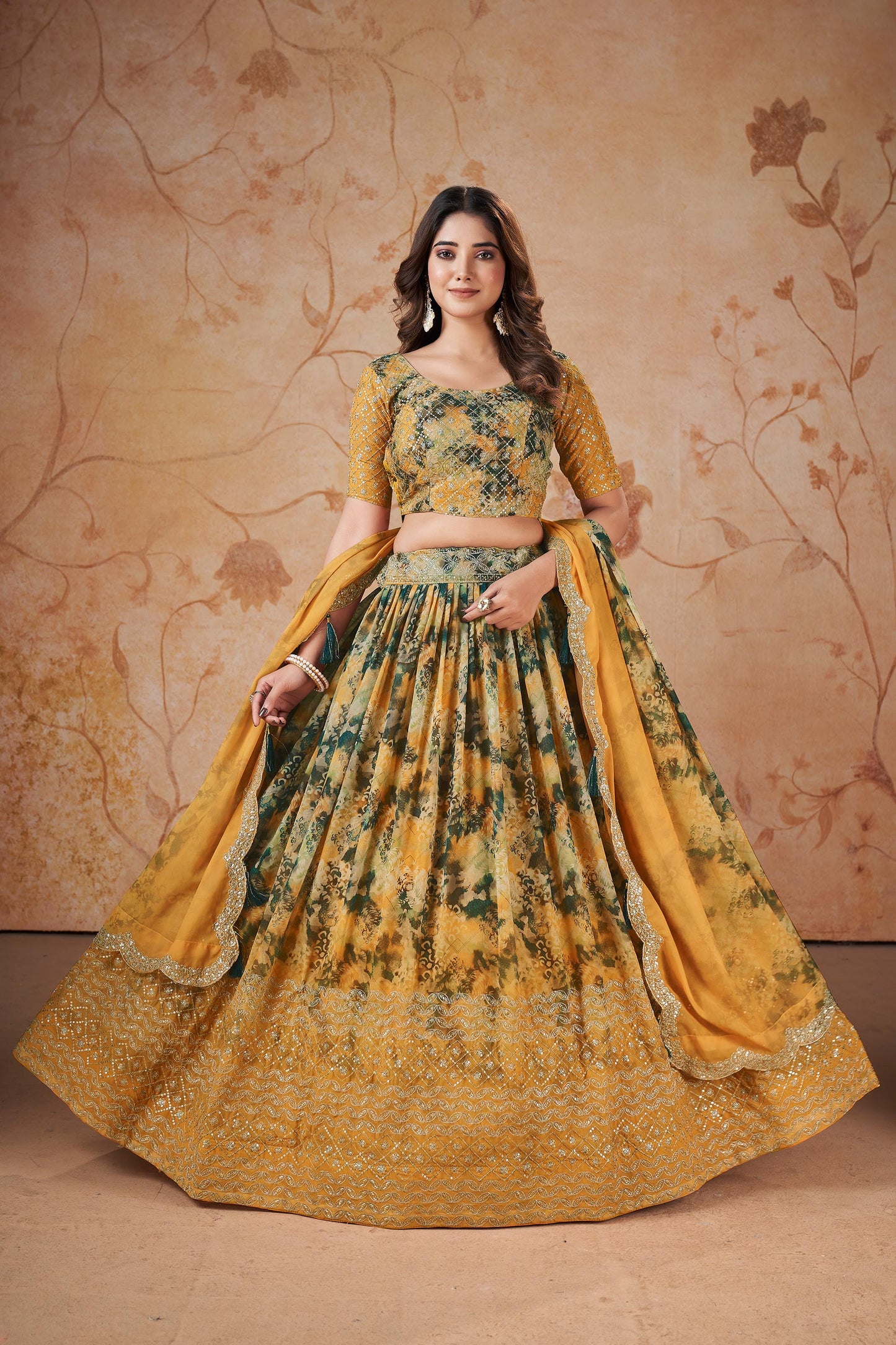 Yellow Faux Georgette Floral Digital Print Lehenga