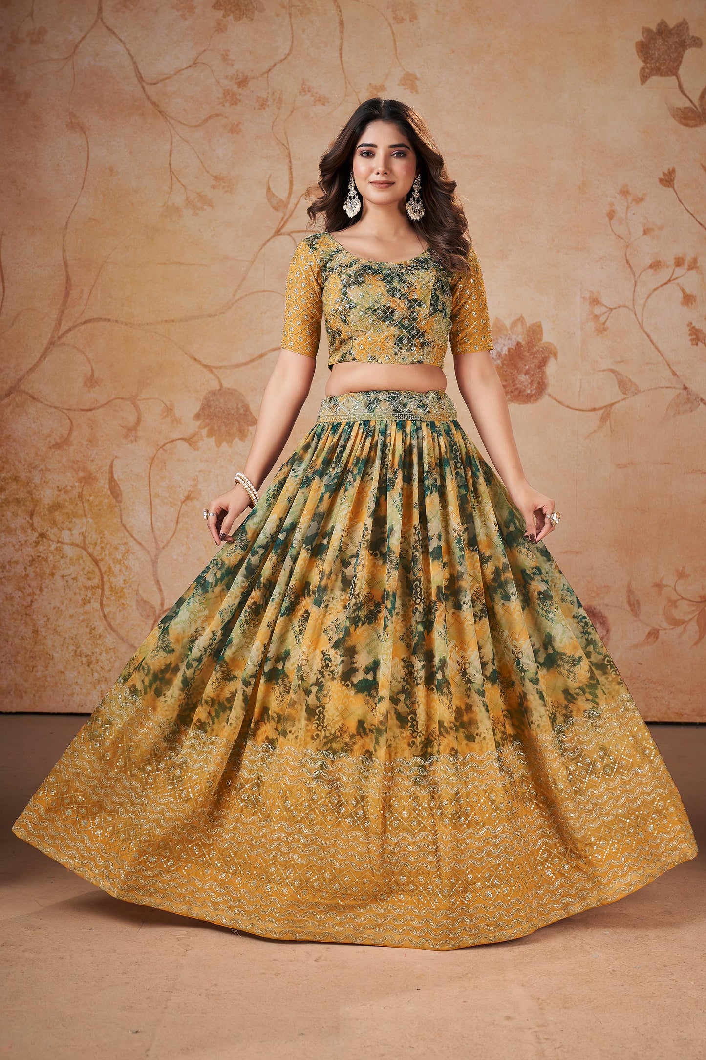 Yellow Faux Georgette Floral Digital Print Lehenga