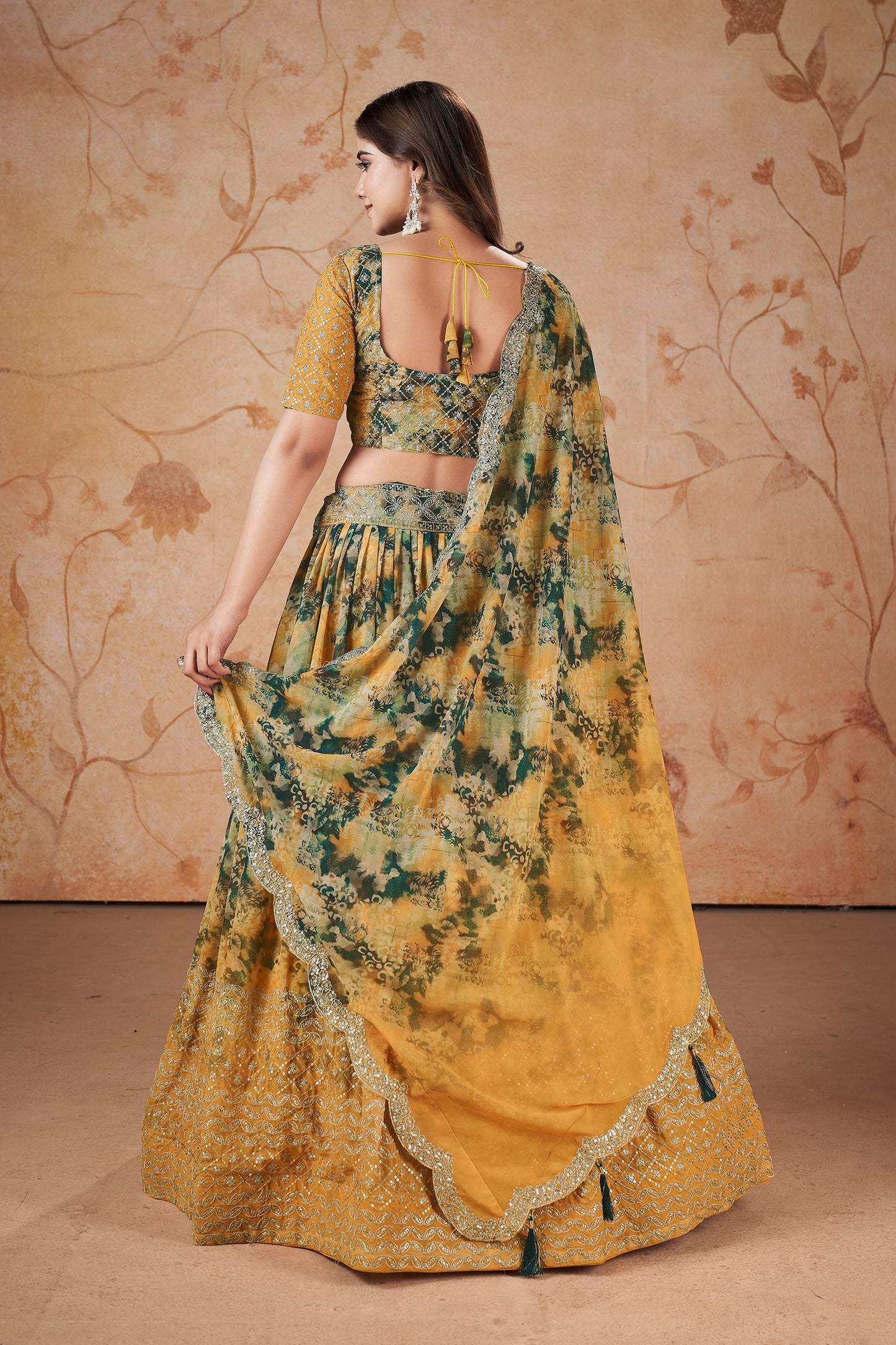 Yellow Faux Georgette Floral Digital Print Lehenga