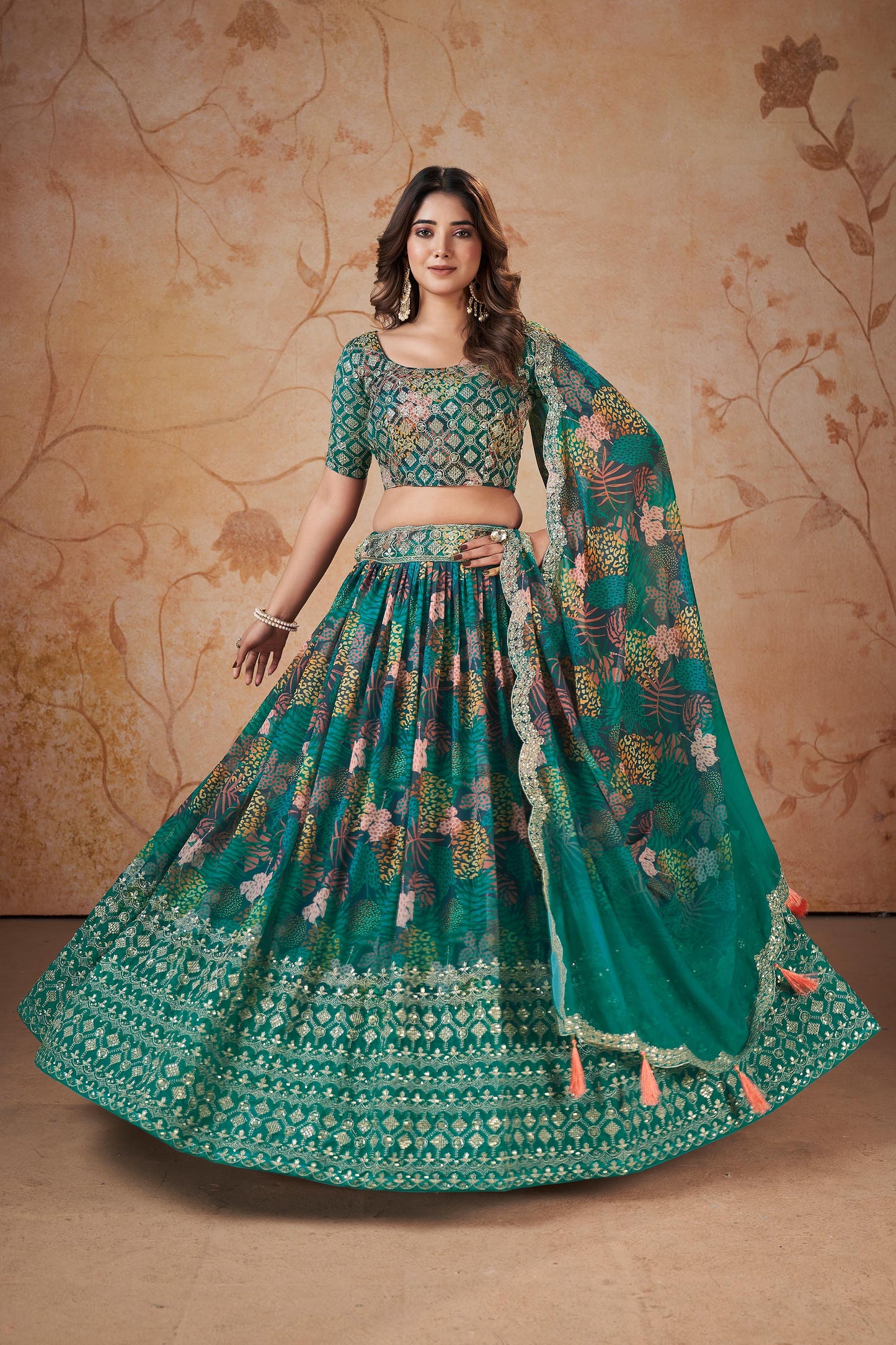 Rama Green Faux Georgette Floral Digital Print Lehenga