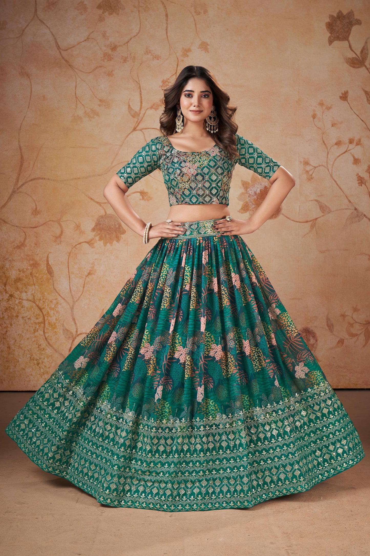 Rama Green Faux Georgette Floral Digital Print Lehenga