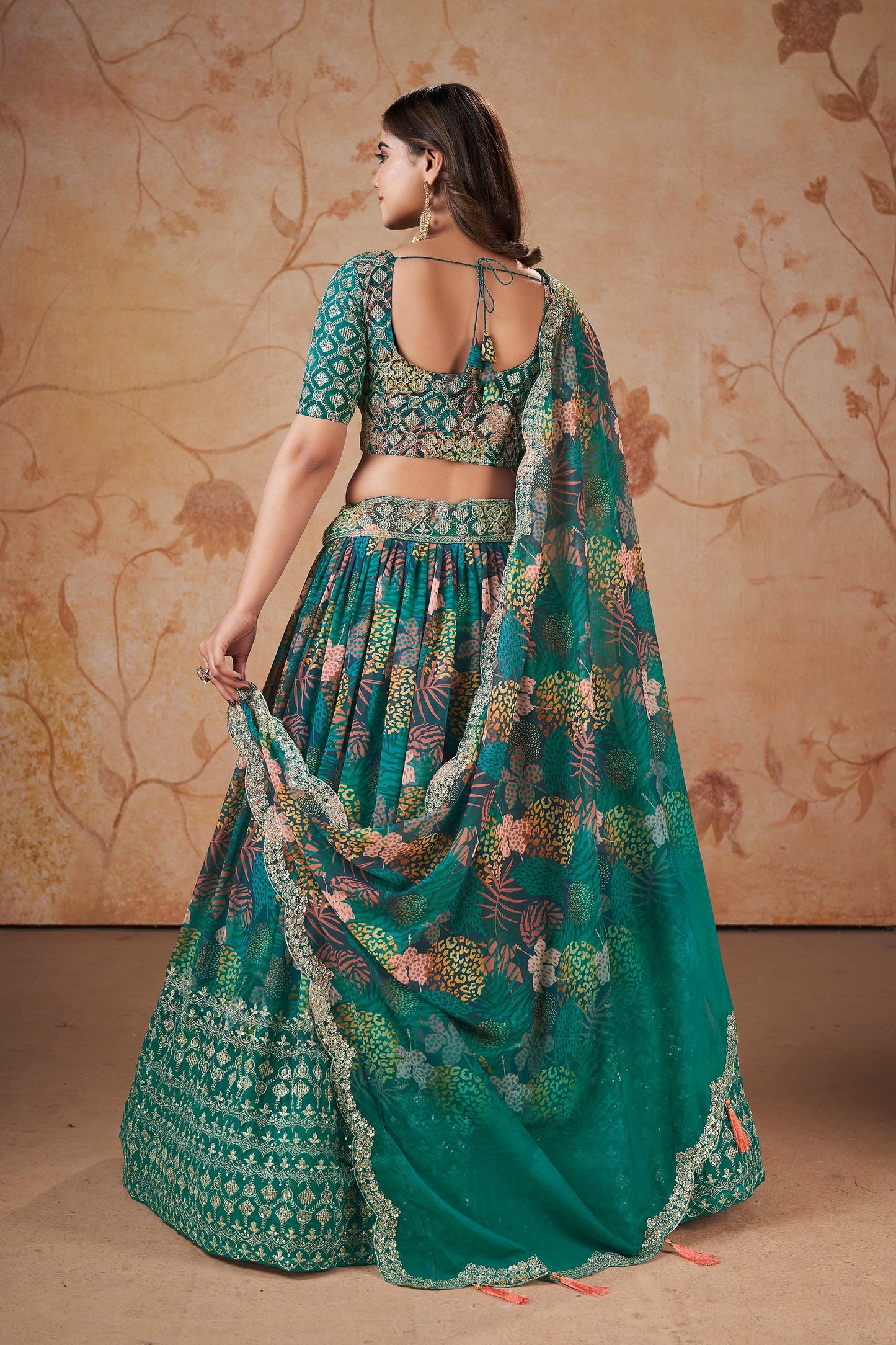 Rama Green Faux Georgette Floral Digital Print Lehenga