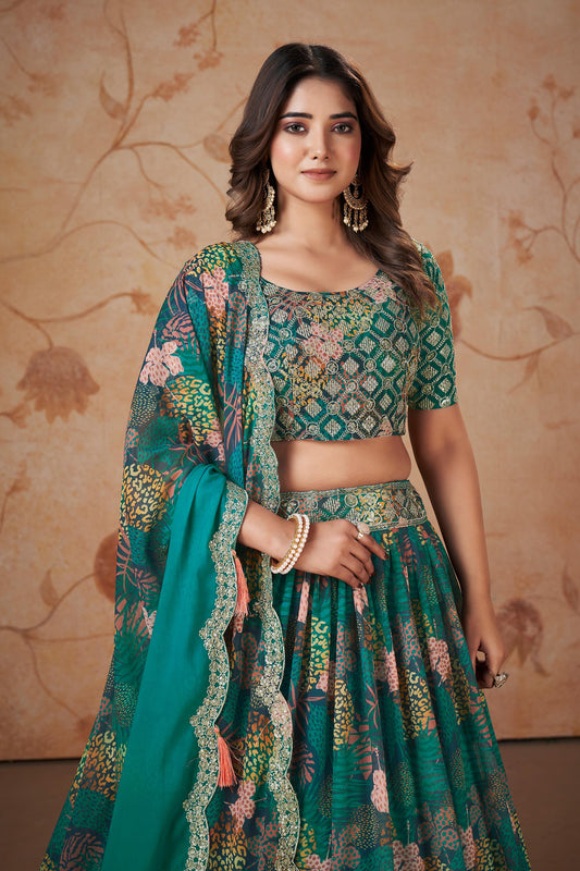 Rama Green Faux Georgette Floral Digital Print Lehenga