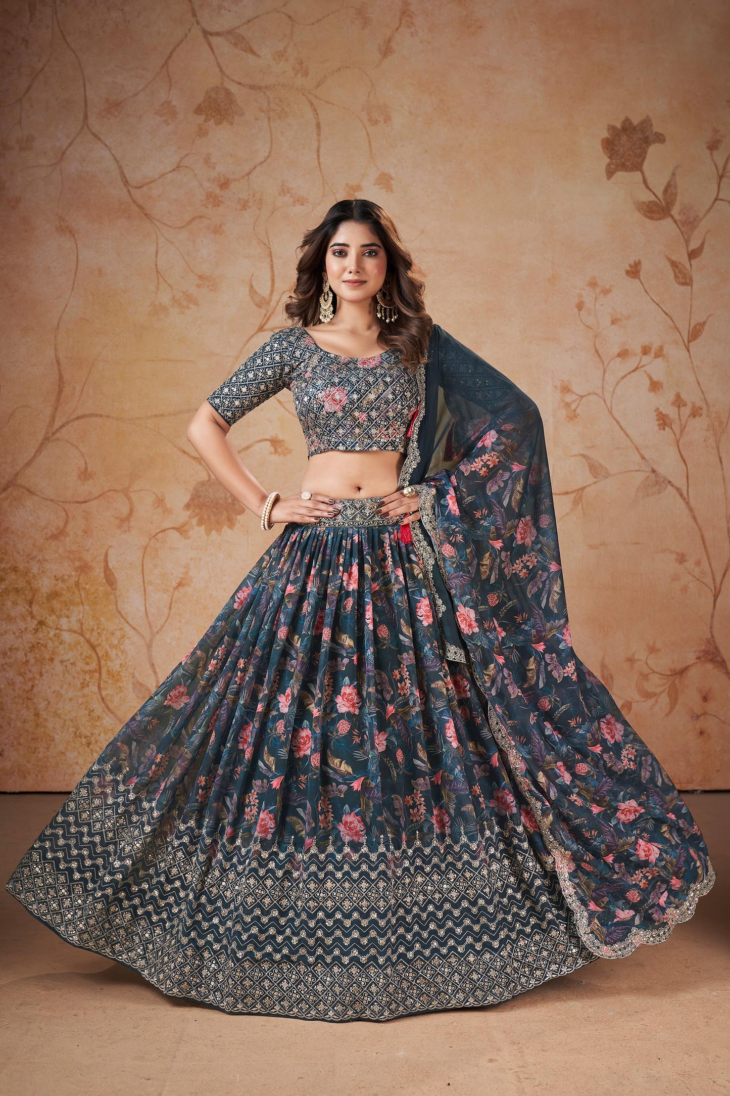 Blue Faux Georgette Floral Digital Print Lehenga