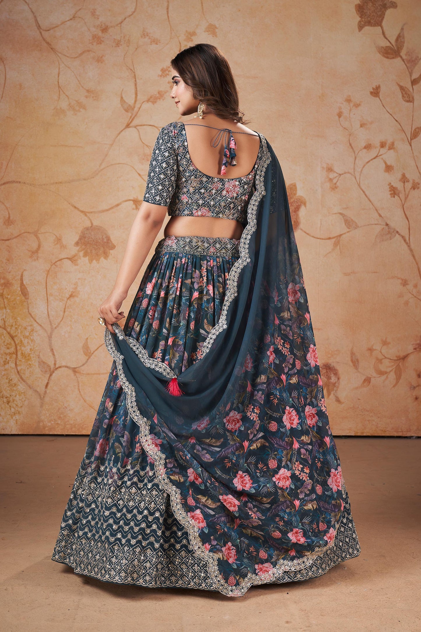 Blue Faux Georgette Floral Digital Print Lehenga