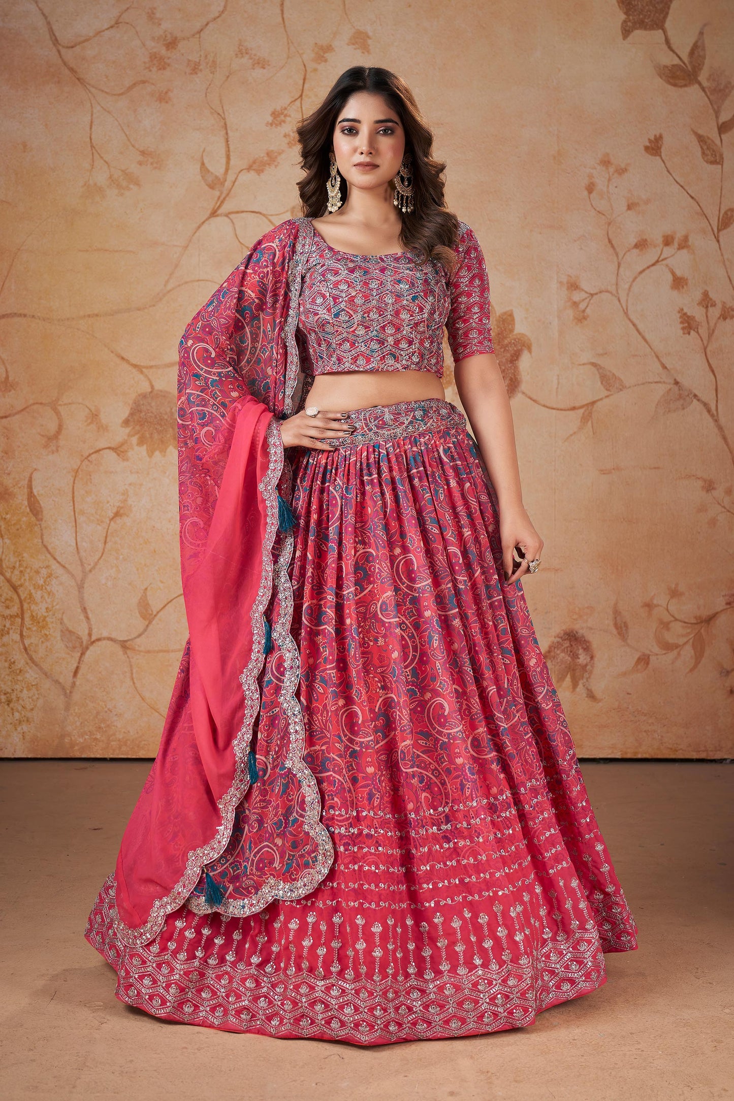 Pink Faux Georgette Floral Digital Print Lehenga