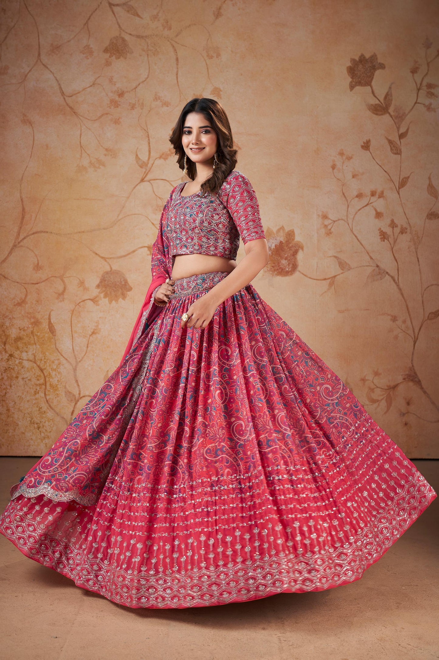 Pink Faux Georgette Floral Digital Print Lehenga