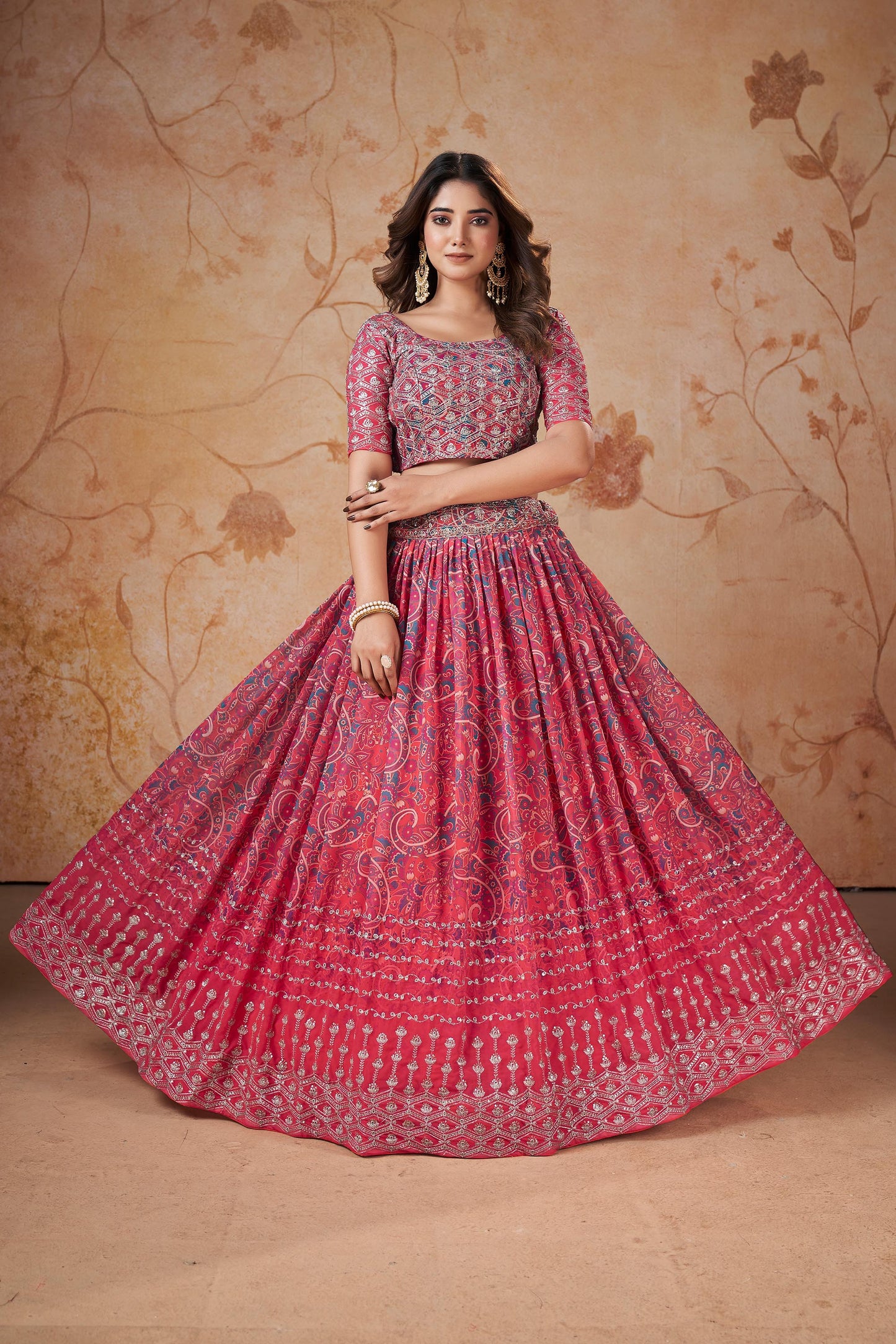 Pink Faux Georgette Floral Digital Print Lehenga